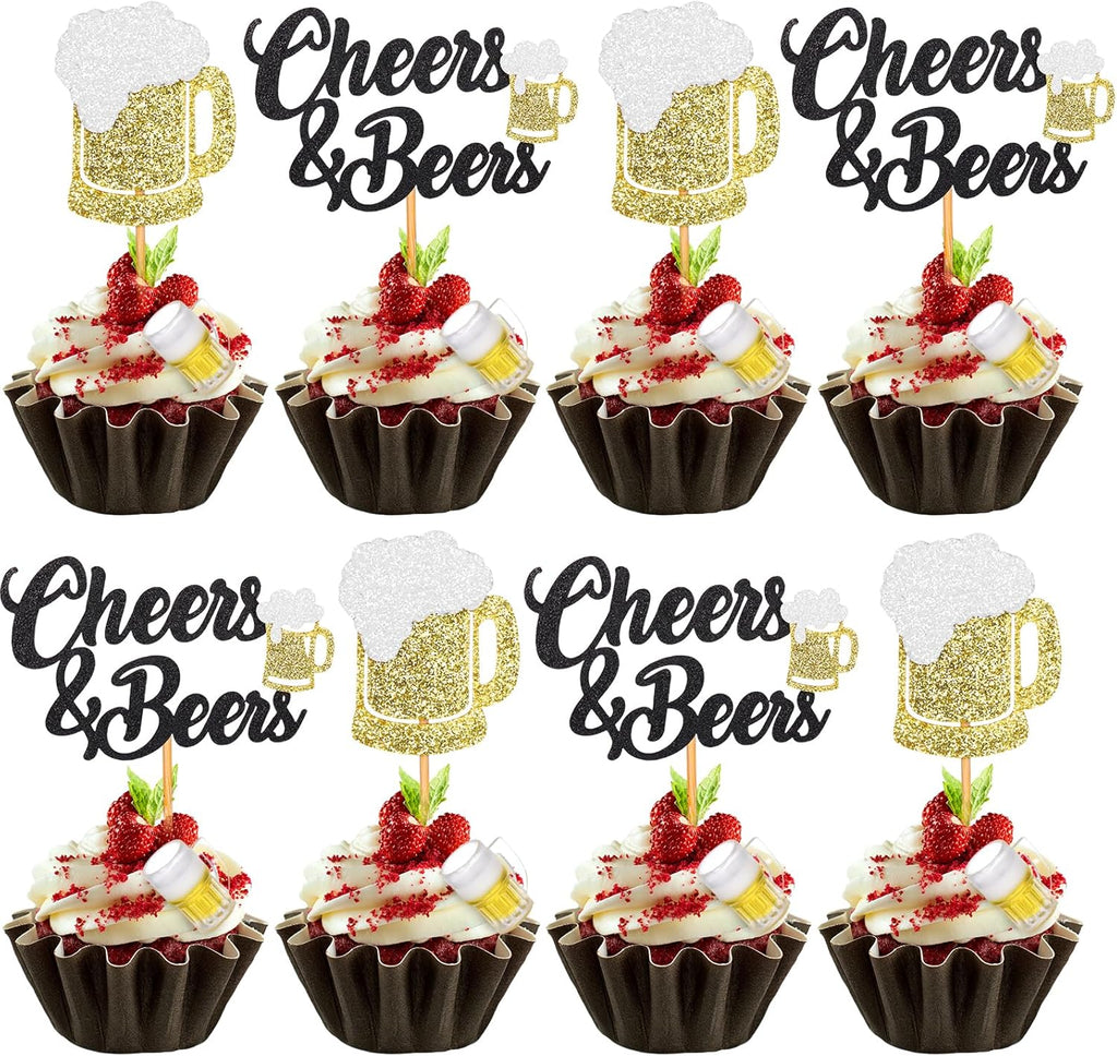 24 Pcs Cheers and Beers Cupcake Toppers and Beer Cup Ornaments Set Glitter Beer Mug Cupcake Decorations for Baby Shower Birthday Party Supplies