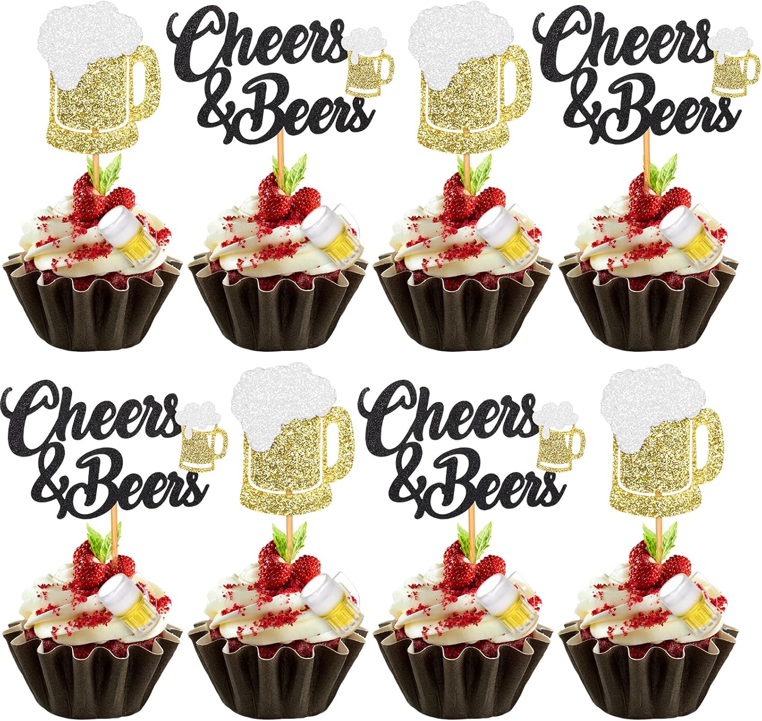24 Pcs Cheers and Beers Cupcake Toppers and Beer Cup Ornaments Set Glitter Beer Mug Cupcake Decorations for Baby Shower Birthday Party Supplies