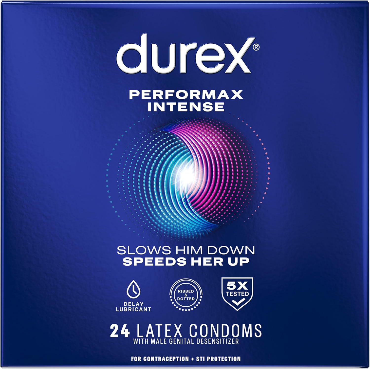 Durex Performax Intense Natural Rubber Latex Condoms, Regular Fit, 24 Count, Contains Desensitizing Lube for Men, (Packaging May Vary)