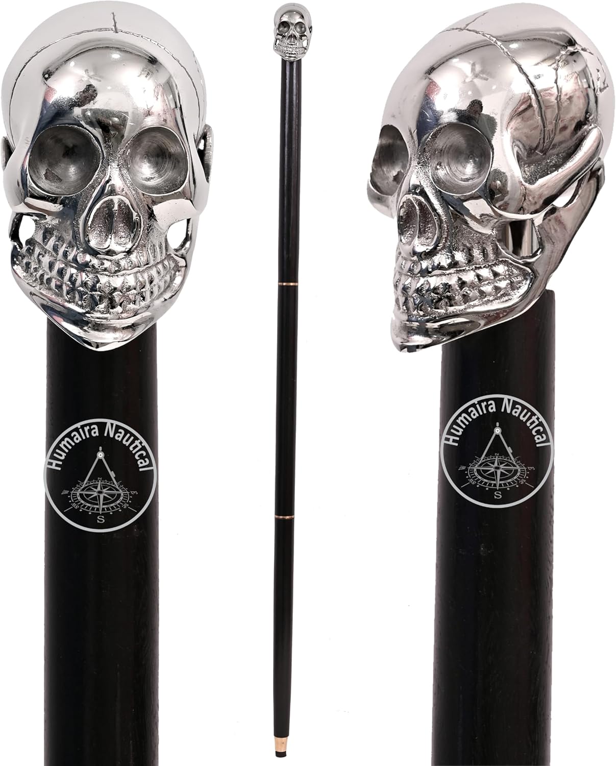 Humaira Nautical Solid Brass Silver Skull Head Walking Cane Wooden Black Walking Stick Designer Fashion Cane for Men