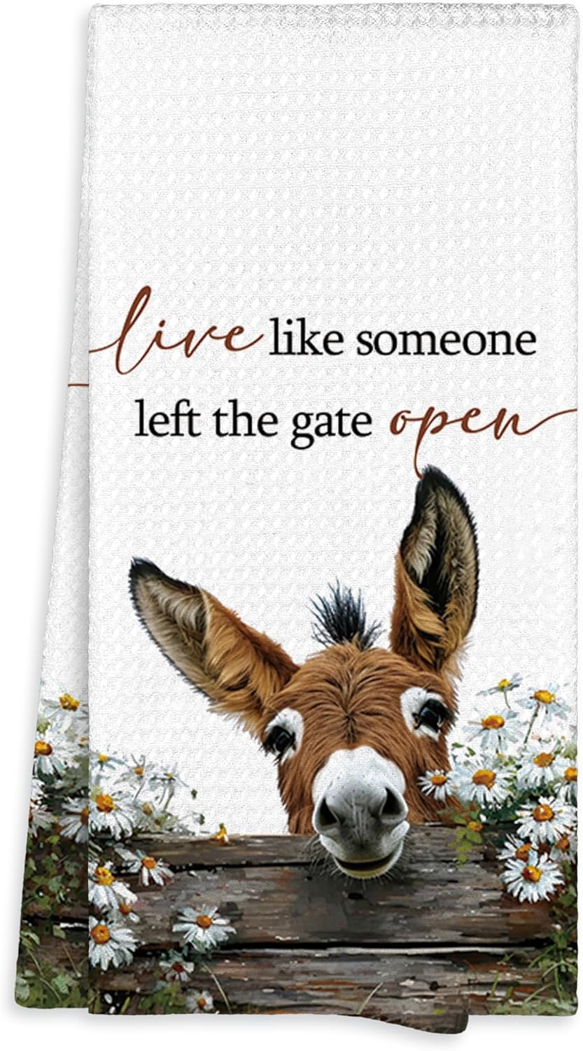 Farmhouse Donkey Kitchen Towel Gifts for Donkey Lovers Decorative, Live Like Someone Left The Gate Open Dish Towels Tea Towels, Donkeys Hand Towel for Kitchen Bathroom Decor 16x24