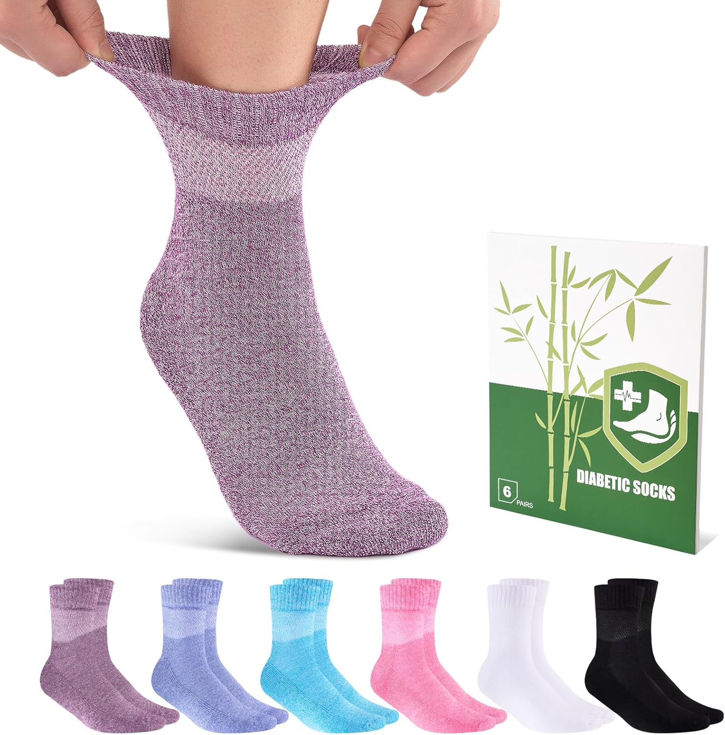 Cirorld Bamboo Viscose Diabetic Socks for Women, 6 Pairs Non Binding Wide Top, Seamless Loose Cushion Socks for Swollen Feet
