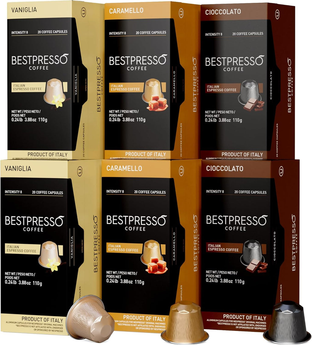 Bestpresso Coffee for Nespresso Original Machine 120 Aluminum pods Certified Genuine Espresso Variety Pack Caramel,Vanilla and Chocolate