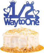 Blue Glitter 1/2 Way to One Cake Topper, 1/2 Birthday Cake Topper, Six Months Cake Topper for Boy Baby's Half Birthday Party, Baby Shower Cake Decorations