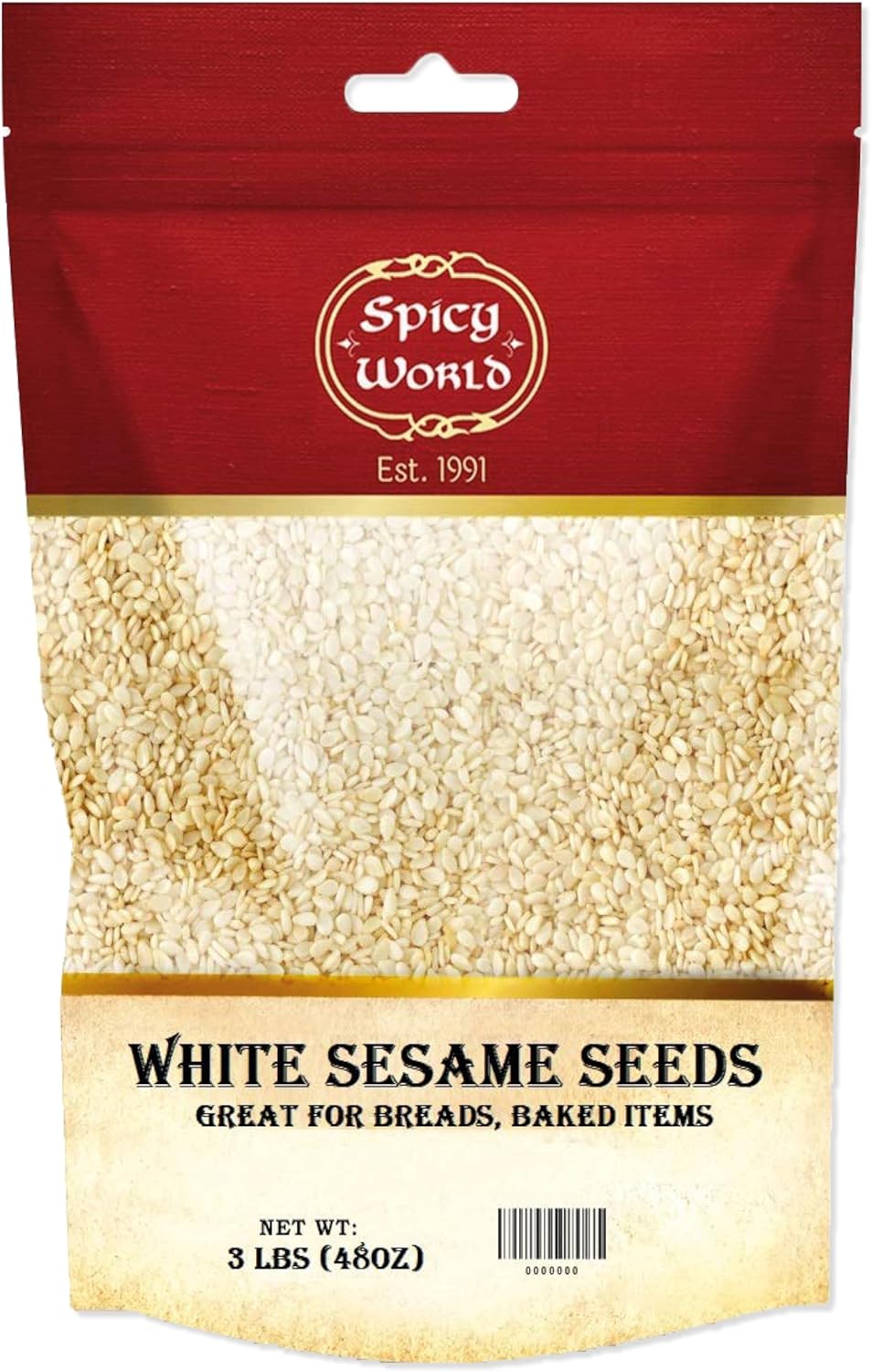 Spicy World White Sesame Seeds 3 LB Bag - Natural, Raw, Hulled, Non-GMO, Bulk Resealable Bag