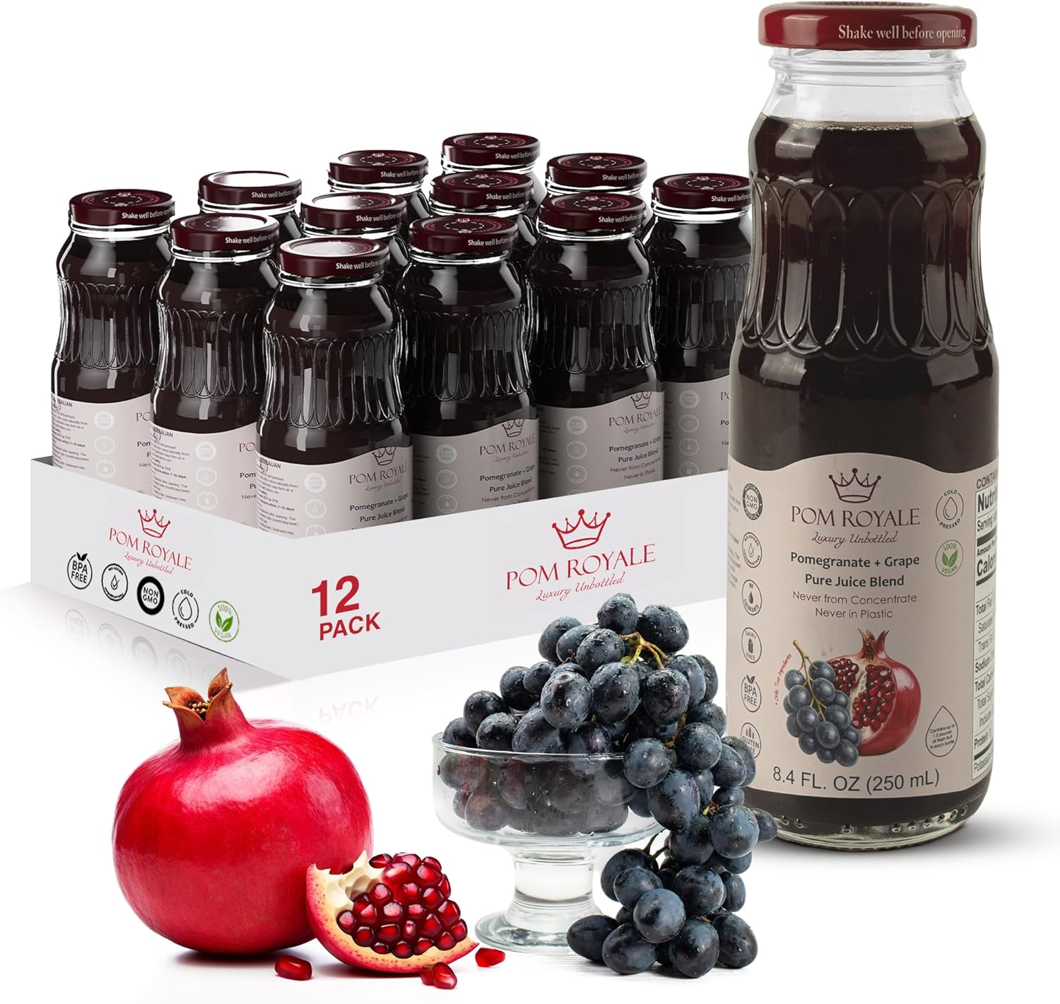 Pure Pomegranate Juice with Grape, 8.4 Fl Oz Glass Bottle (Pack of 12), Cold Pressed, Not from Concentrate, Non-GMO, No Sugar Added, Gluten Free, Preservative Free