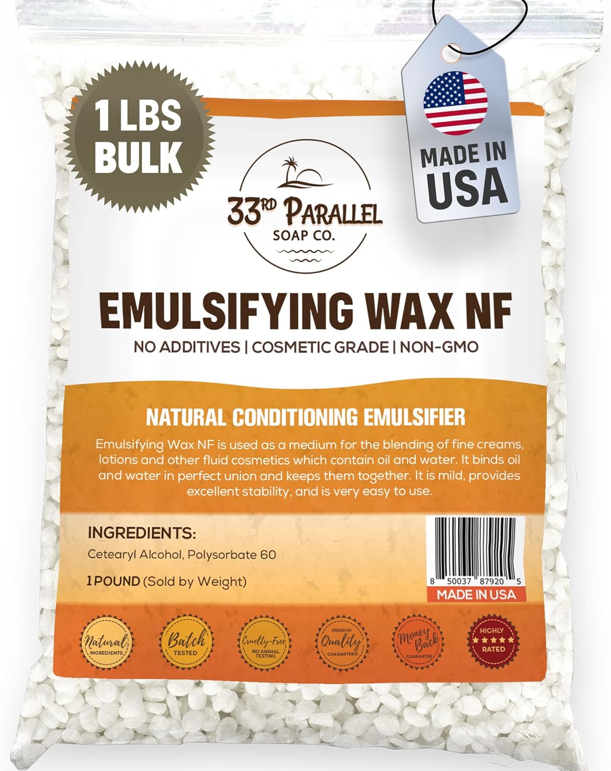 Non-GMO Emulsifying Wax NF Pastilles (1 LBS / 16 OZ) 100% Natural Plant Derived | For Lotions, Creams, Soap Making, Hair Products | Cosmetic Grade | Product of USA | 1 POUND