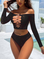Women's Exotic Lingerie Sets for Women Sexy Fishnet Bodysuit Off Shoulder Crop Top and Panty Set Long Sleeve Rave Outfits