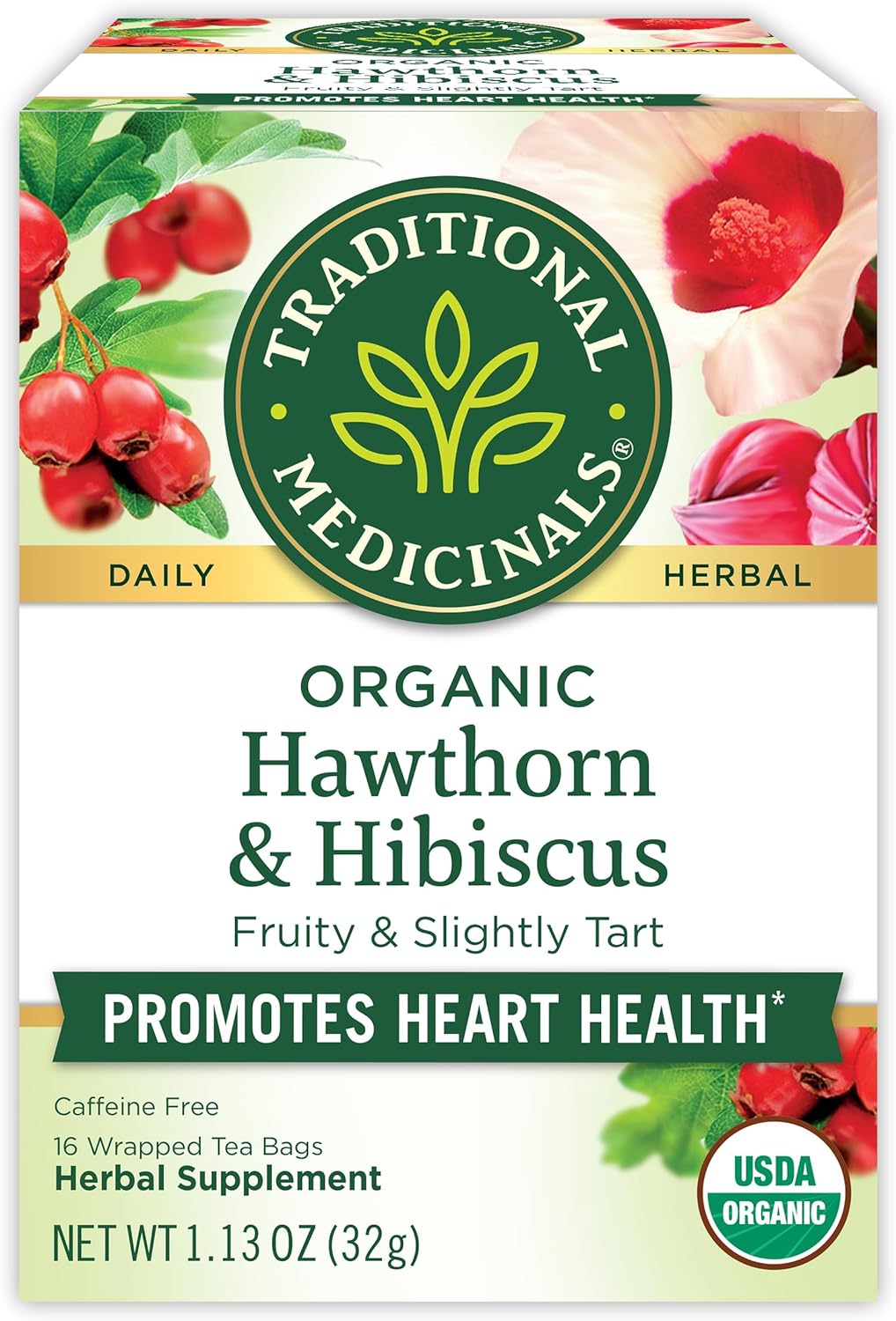 Traditional Medicinals Tea, Organic Hawthorn & Hibiscus - Promotes Heart Health - Kosher, Non-GMO, Caffeine-Free - 16 Tea Bags