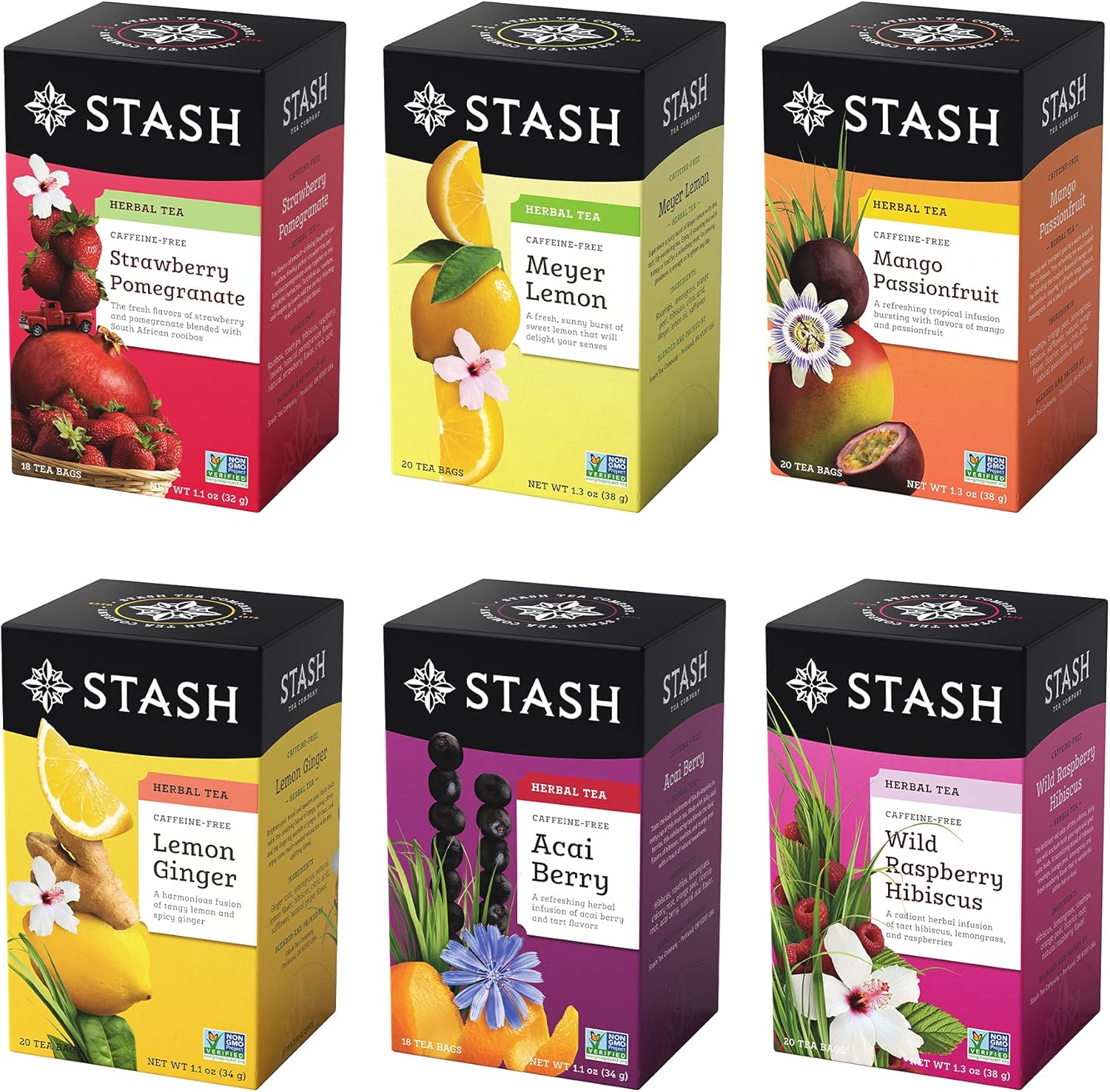 Stash Tea Fruity Herbal Tea 6 Flavor Tea Sampler, 6 boxes With 18-20 Tea Bags Each