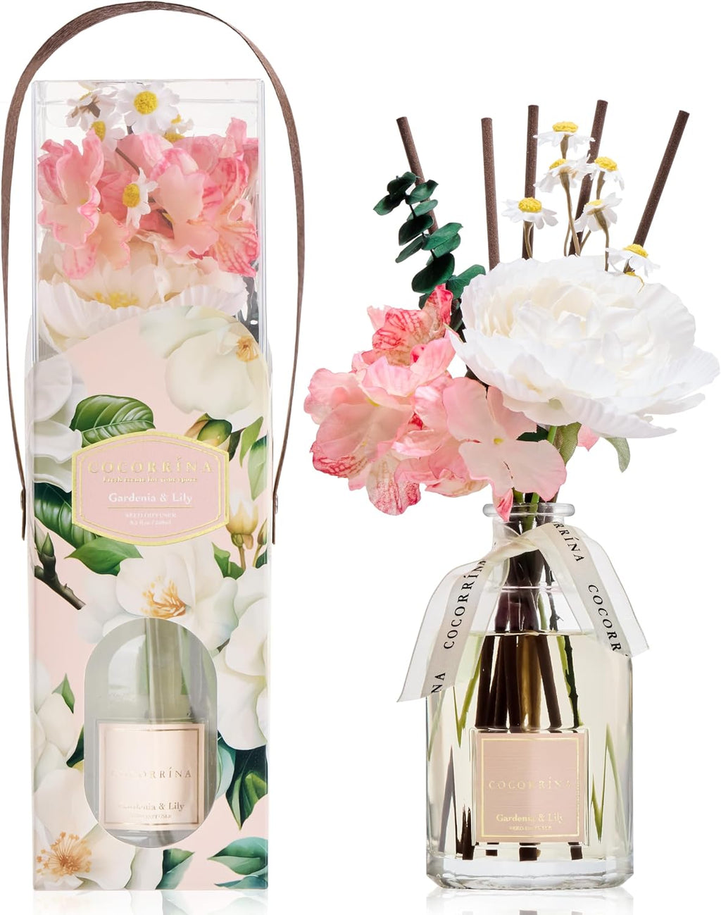 COCORRÍNA Reed Diffuser - Gardenia & Lily 8.5 Fl.oz Flower Reed Diffuser with Sticks, Bedroom Bathroom Shelf Decor (Floral Basket Collection)