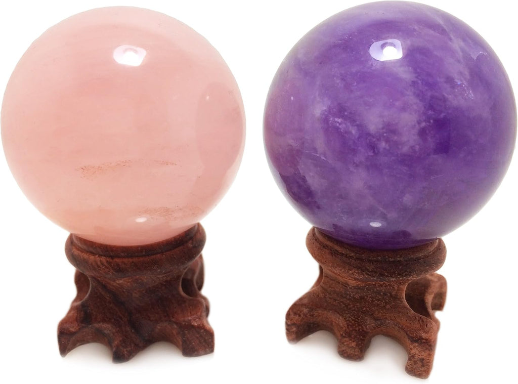 Polar Jade Natraul Crystal Balls, Rose Quartz and Amethyst Power Stone Spheres with Standa for Crystal Healing, Meditation, Feng Shui, Scrying, Decor, Hand-Made