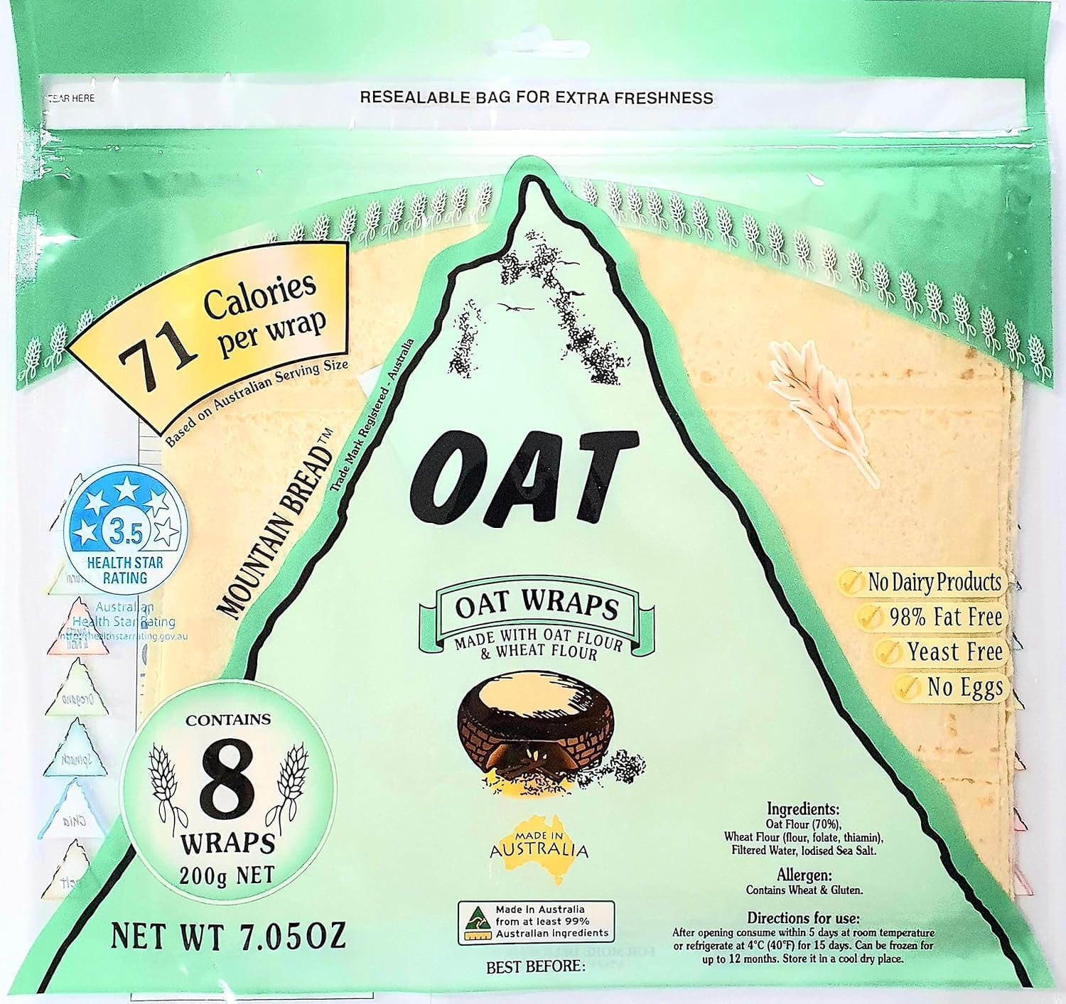 Mountain Bread Oat Wraps 4 Simple Ingredients Paper-Thin Soft Flatbread Reduced Wheat Option 3 Pack (24 Wraps) 70 Calories per Wrap