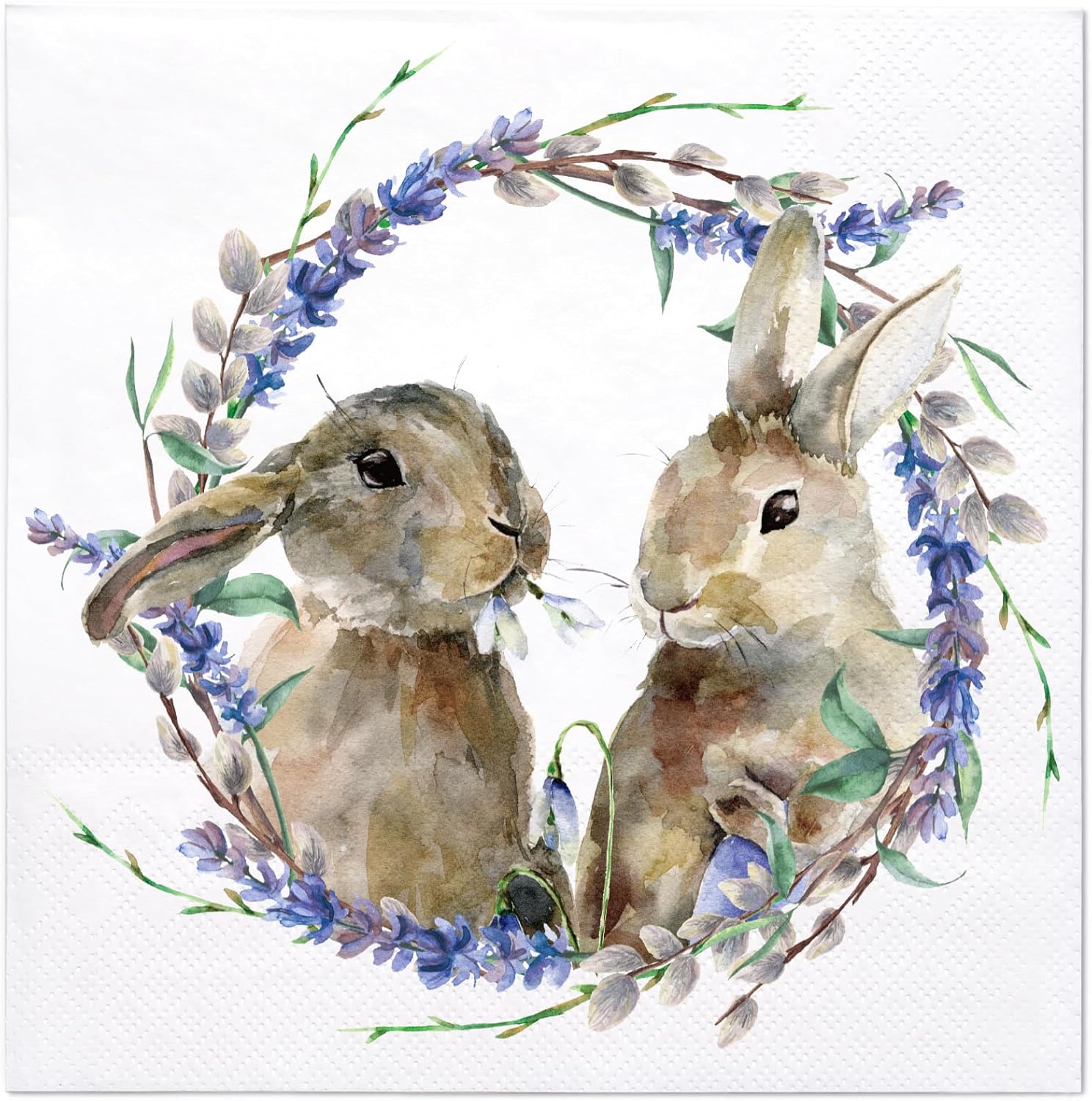 WRAPAHOLIC 50Pcs Easter Paper Napkins - 3-Ply Bunnies Wreath Disposable Luncheon Napkins for Easter, Spring, Birthday and Baby Shower - 6.5 x 6.5 In