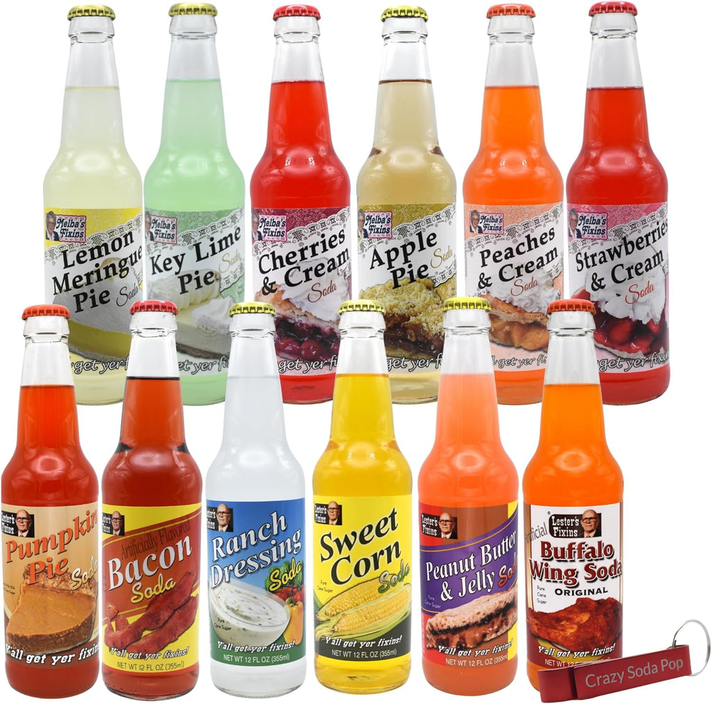 Lester and Melba's Fixins Soda | 12 Pack of Unique and Strange Flavored Soda Pop with Real Cane Sugar | 12 oz Glass Bottles in a Mixed 12 Pack Sampler with Crazy Soda Pop Bottle Opener
