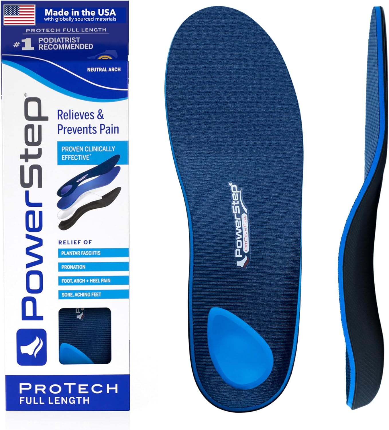 PowerStep ProTech Full Length Orthotic Insoles, Medical Grade Arch Support Inserts for Plantar Fasciitis Relief, Heel Pain, Maximum Cushioning, Memory Foam Orthotics, Made in The USA, M 6-6.5, W 8-8.5