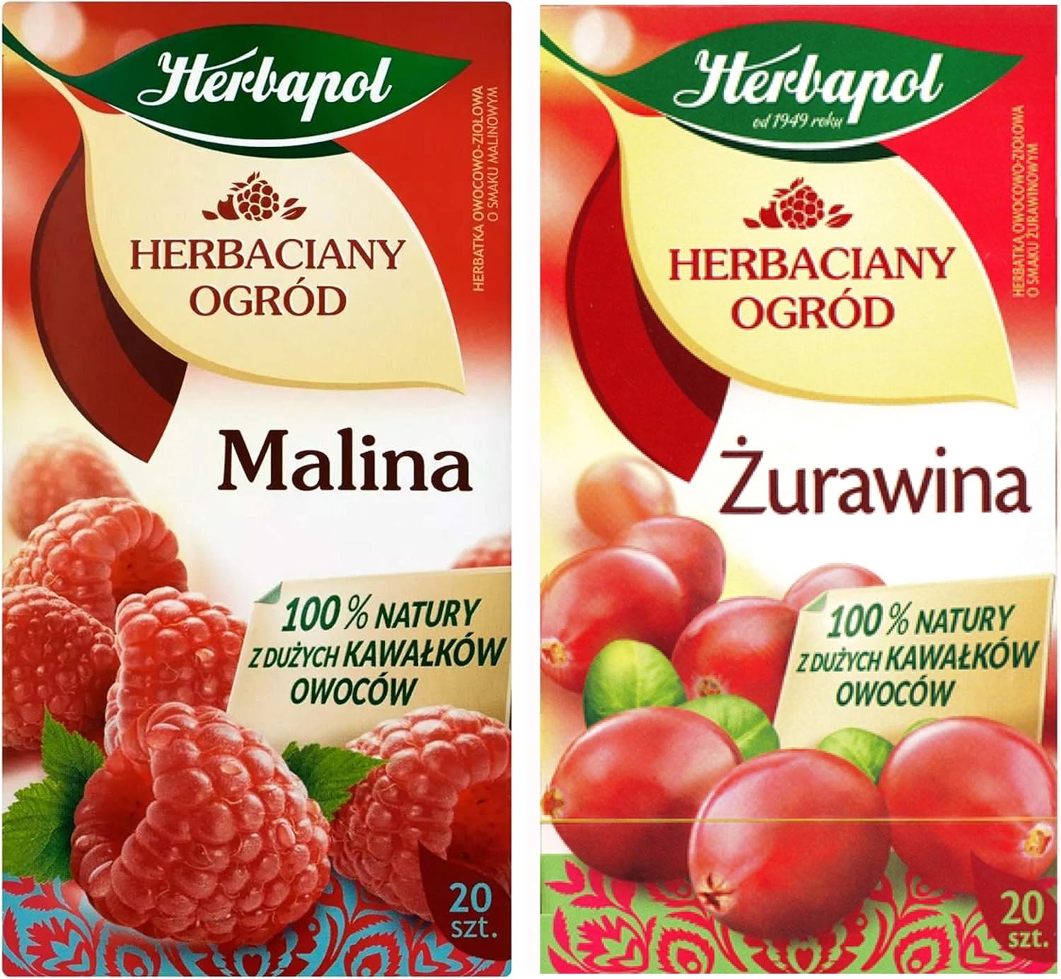 Herbapol Herbaciany Ogrod 2 pack Raspberry Tea (20 tb) and Cranberry Tea (20 tb). Product from Poland.