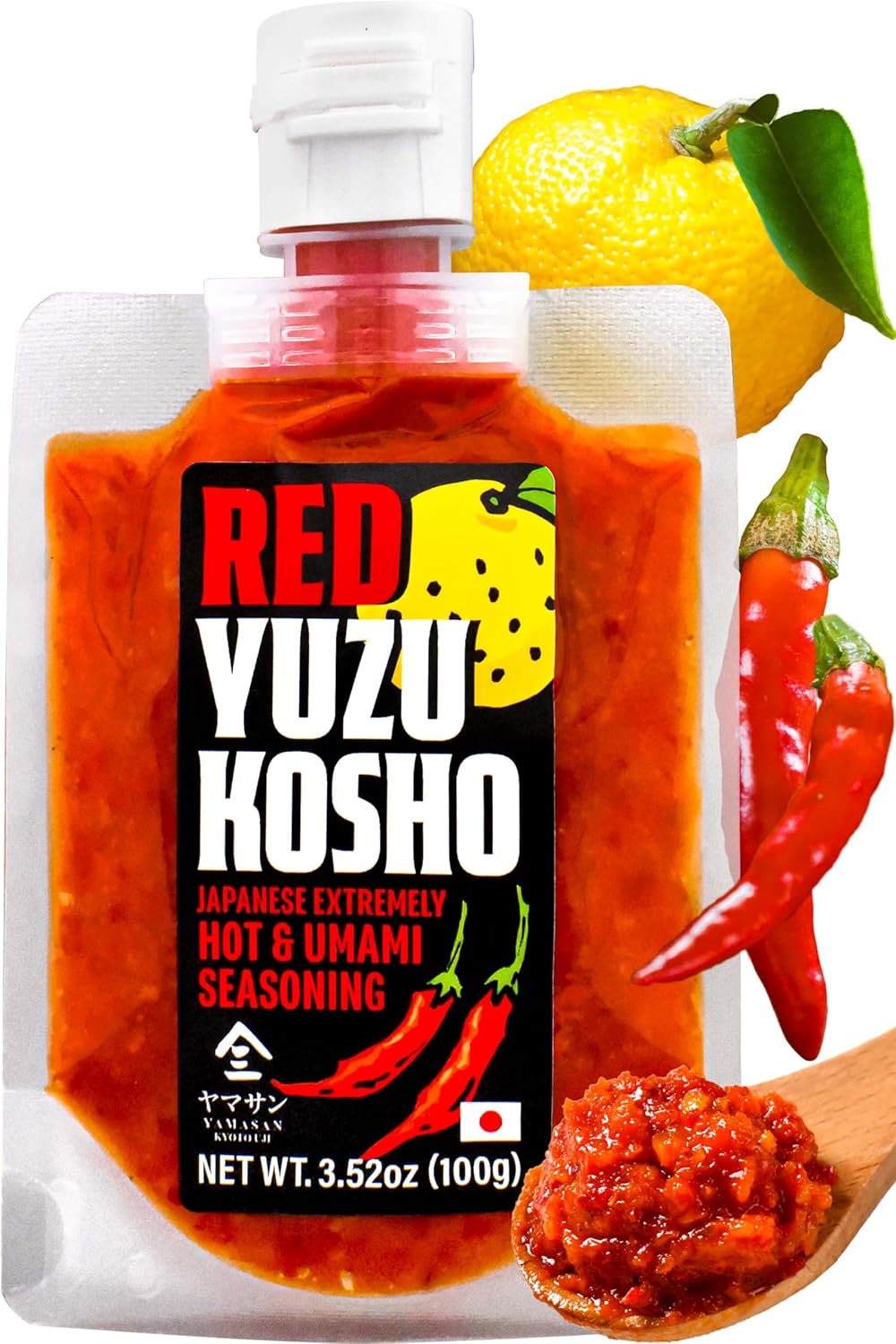 YAMASAN KYOTO UJI Yuzu Kosho Red Pepper Spicy Paste, Japanese Extremely Hot & Umami Seasoning, Vegan, Gluten-Free, No Additives, Made in Japan 100g(3.52oz)