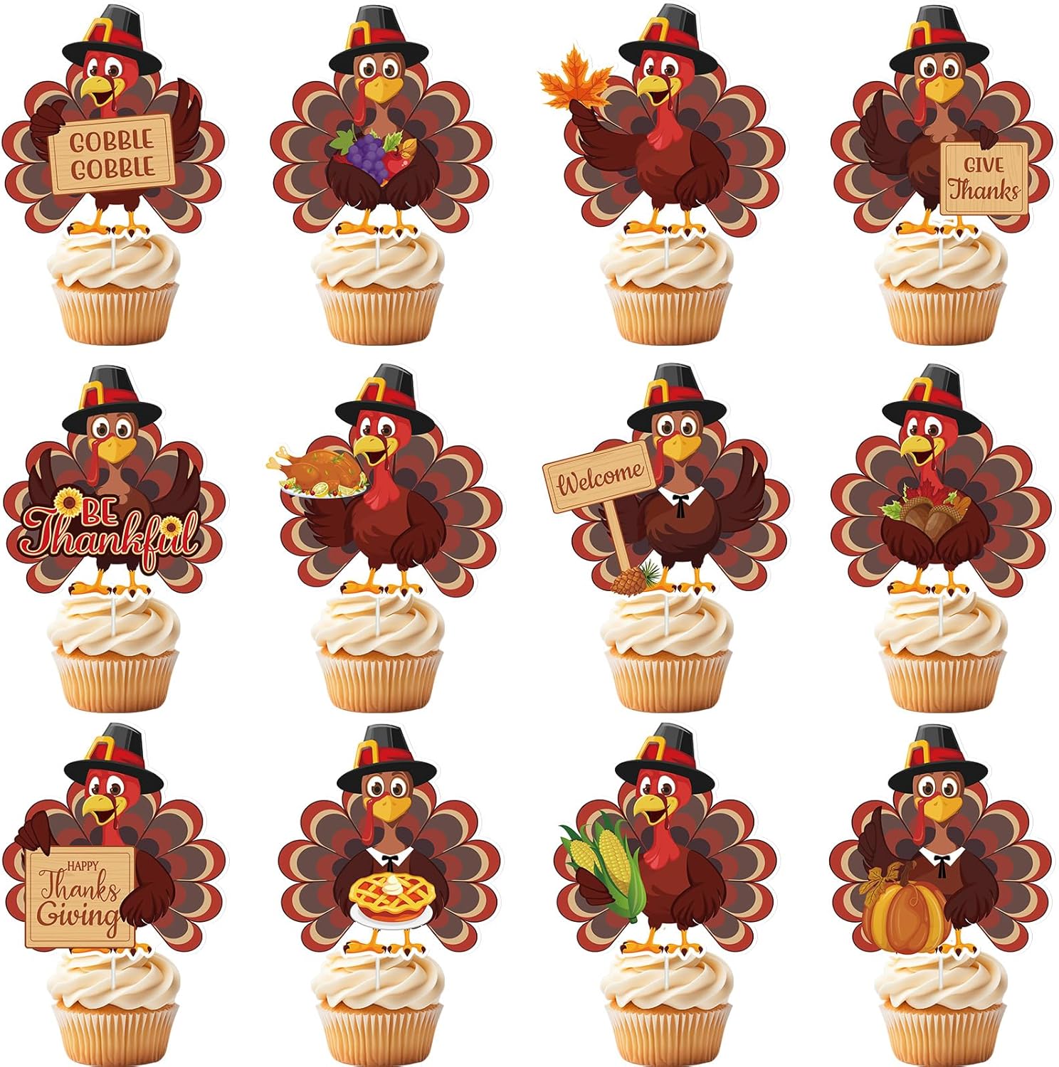 Weysat 48 Pcs Thanksgiving Turkey Cupcake Toppers Thanksgiving and Friendsgiving Cup Cake Toppers Party Food Decorations Cute Turkey Cake Top Decor for Fall Harvest Party Supplie
