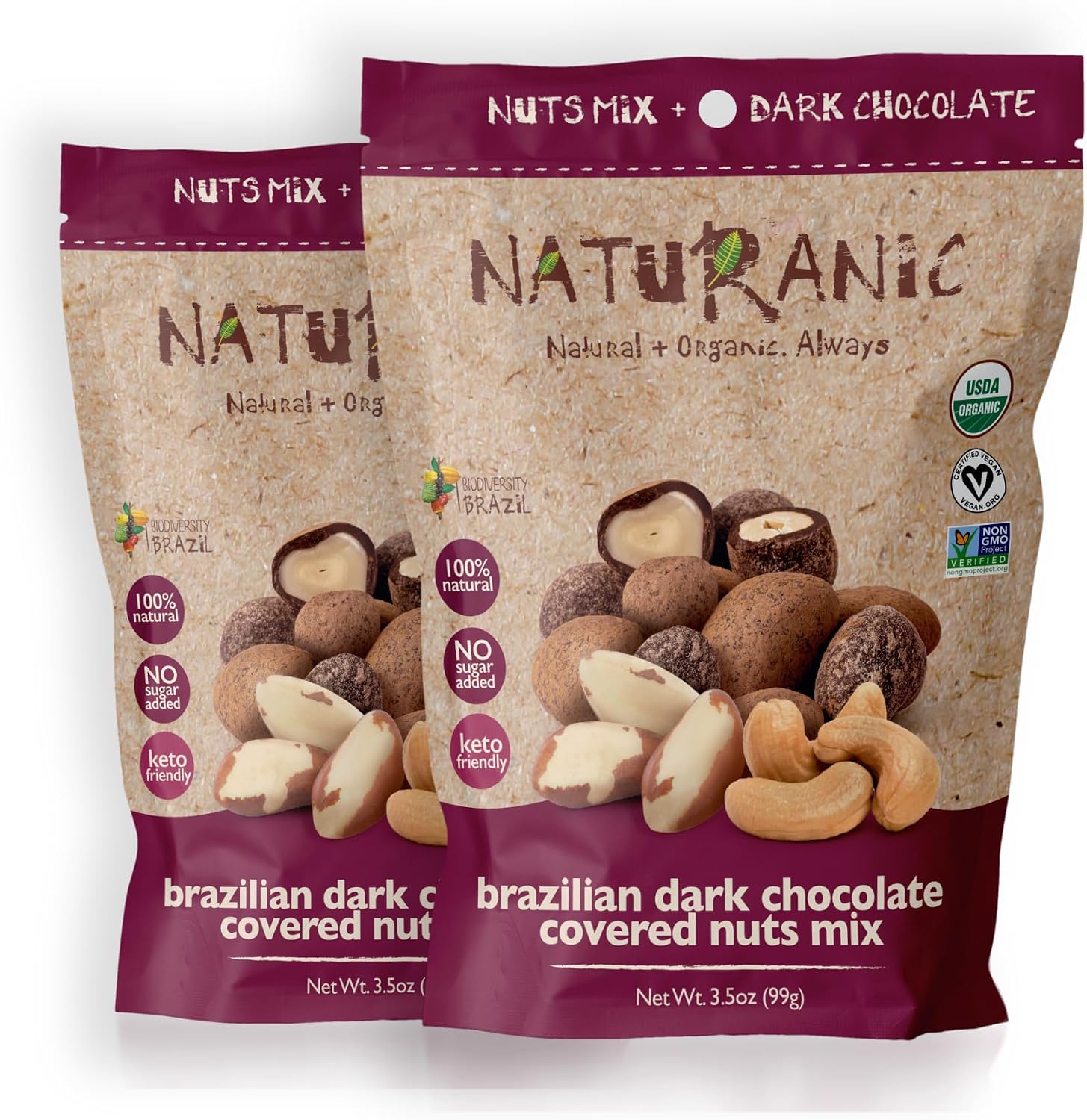 Naturanic Brazilian Dark Chocolate Covered Nuts Snack, No sugar, Keto friendly, Net Carb Zero, All NAtural, Organic, Vegan - Pack of 2