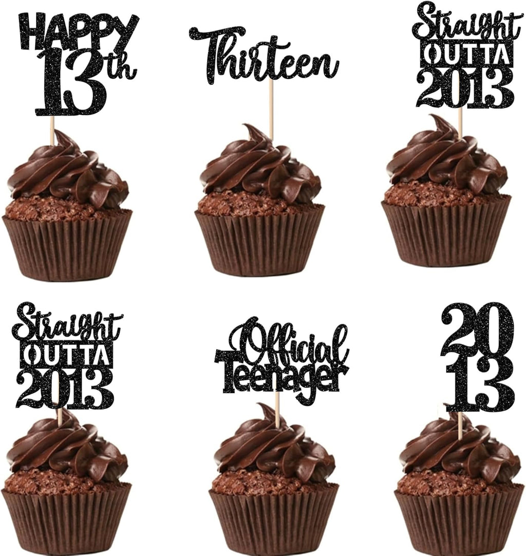30PCS Black 13th Birthday Cupcake Toppers Glitter Thirteen Happy 13th Straight Outta 2012 Cupcake Picks for Cheers to 13 Years Birthday Anniversary Party Decorations Supplies