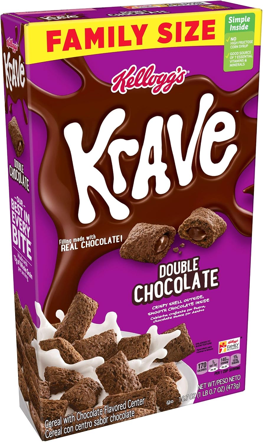 Kellogg's Krave, Breakfast Cereal, Double Chocolate, Filling Made with Real Chocolate, Family Size, 16.7oz Box