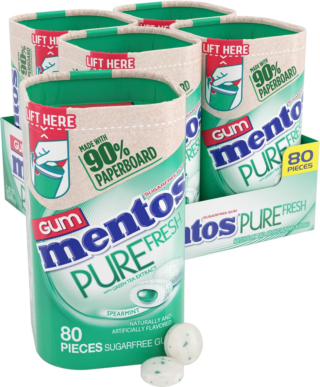 Mentos Pure Fresh Sugar-Free Chewing Gum with Xylitol, Spearmint, in a recyclable 90% Paperboard Bottle, 80 Piece, Pack of 4 Bottles
