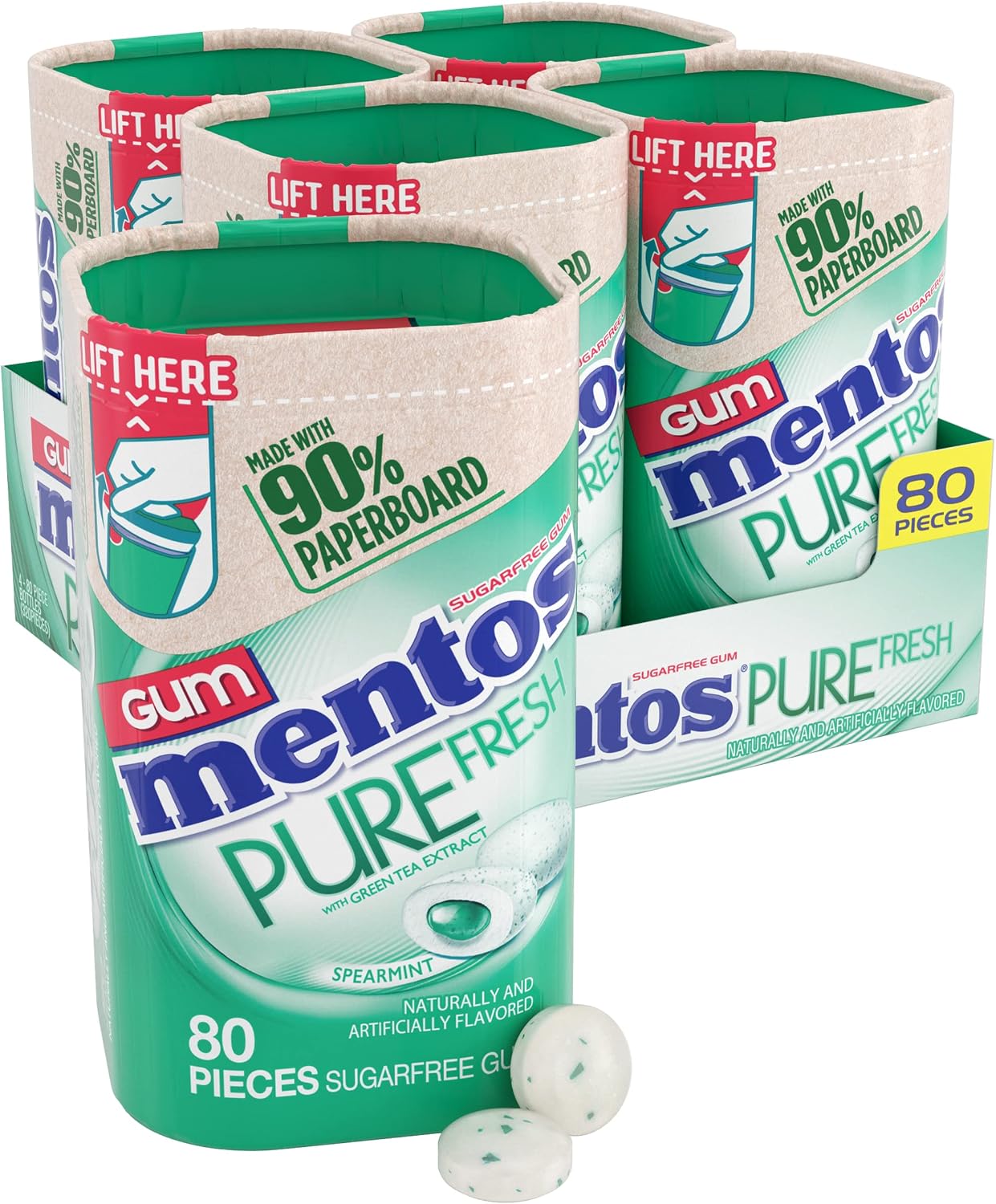 Mentos Pure Fresh Sugar-Free Chewing Gum with Xylitol, Spearmint, in a recyclable 90% Paperboard Bottle, 80 Piece, Pack of 4 Bottles