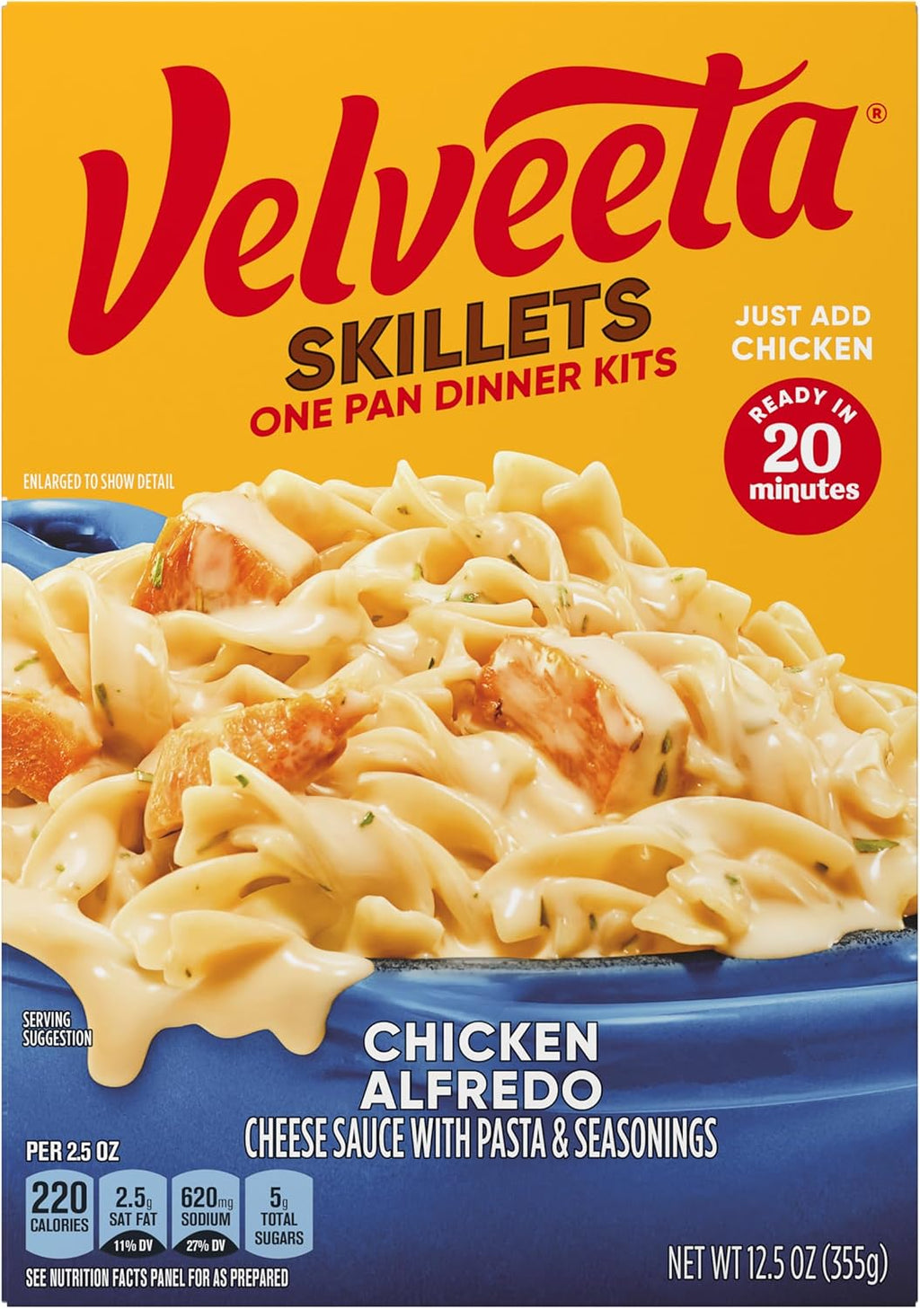 Velveeta Skillets Chicken Alfredo One Pan Dinner Kit with Cheese Sauce (Pasta & Seasonings, 6 ct Pack, 12.5 oz Boxes)
