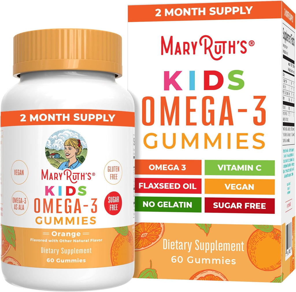 MARYRUTH'S Vegan Omega 3 Gummies for Kids 2+, 2 Month Supply, Sugar Free, Omega 3 Supplement with Vitamin C, Flaxseed Oil, Immune Support, Essential Nutrient ALA, No Fish Taste, 60 Count