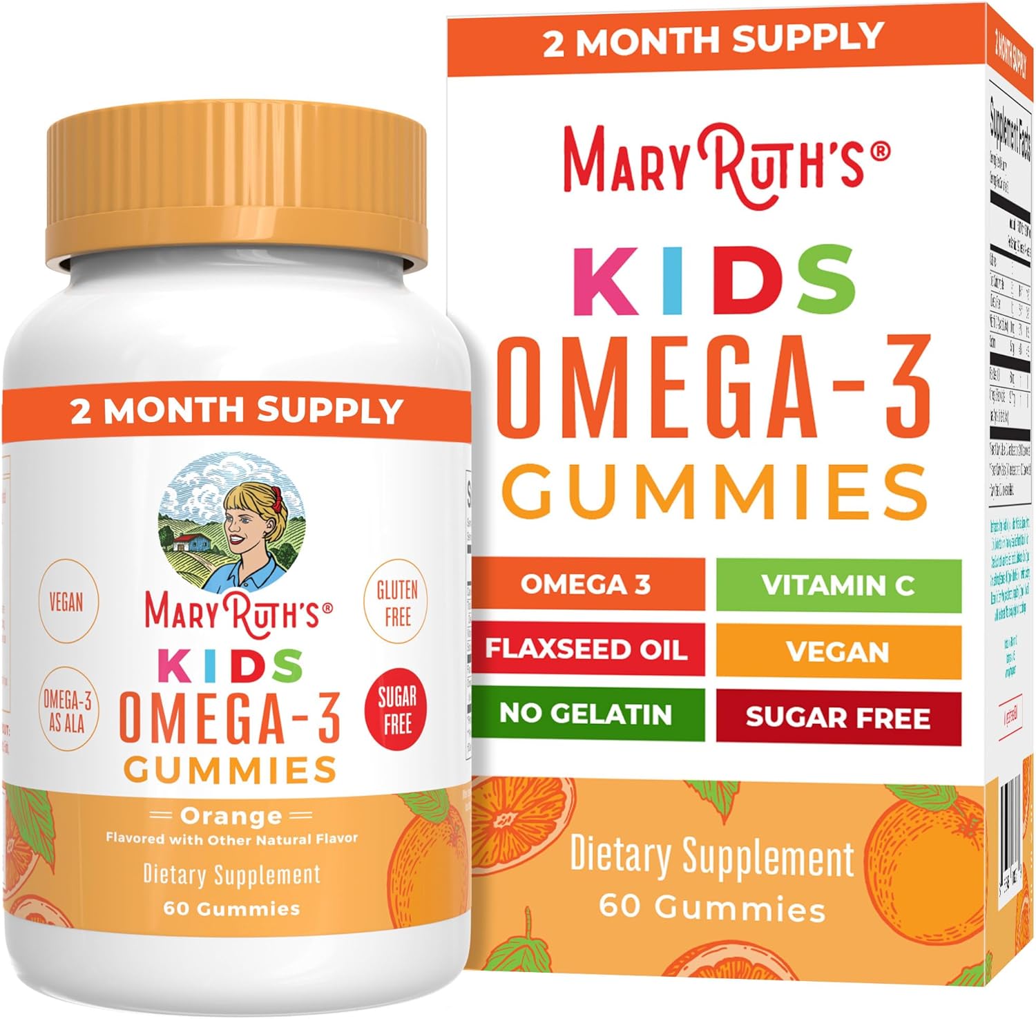 MARYRUTH'S Vegan Omega 3 Gummies for Kids 2+, 2 Month Supply, Sugar Free, Omega 3 Supplement with Vitamin C, Flaxseed Oil, Immune Support, Essential Nutrient ALA, No Fish Taste, 60 Count