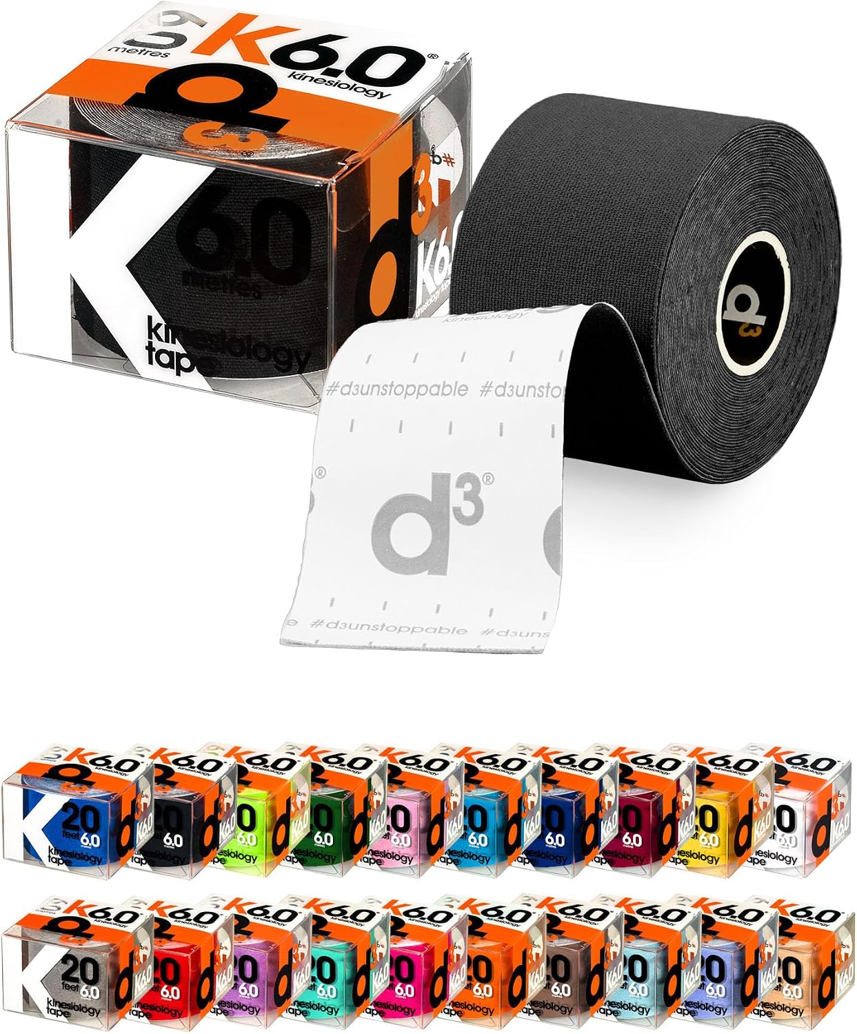 d3 K6.0 Kinesiology Tape 2in x 20Ft – Black Athletic Tape for Joint Support, Pain Relief & Muscle Recovery | Water Resistant & Hypoallergenic for Knee, Shoulder & Back – Uncut Roll