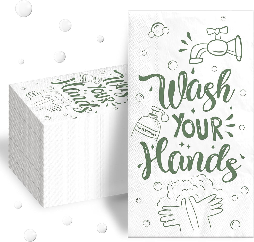 200Pcs Wash Your Hands Paper Napkins 3 Ply Disposable Green Hand Towels Bathroom Guest Napkins for Kitchen Wedding Anniversary Baby Shower Supplies