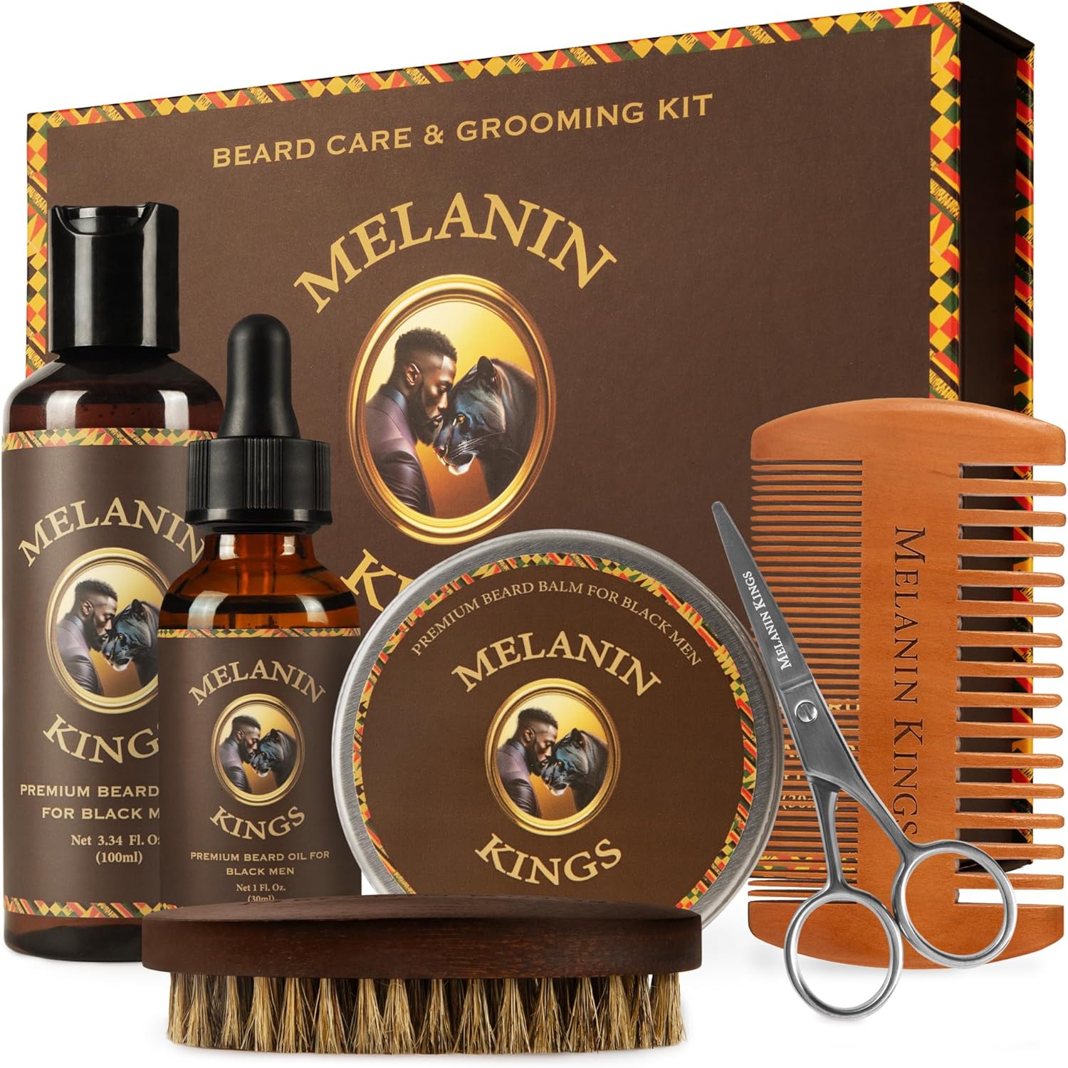 Melanin Kings Beard Grooming Kit for Men - Formulas With Ancient African Natural Ingredients | Beard Wash, Oil, Balm, Brush, Comb, Trimming Scissors