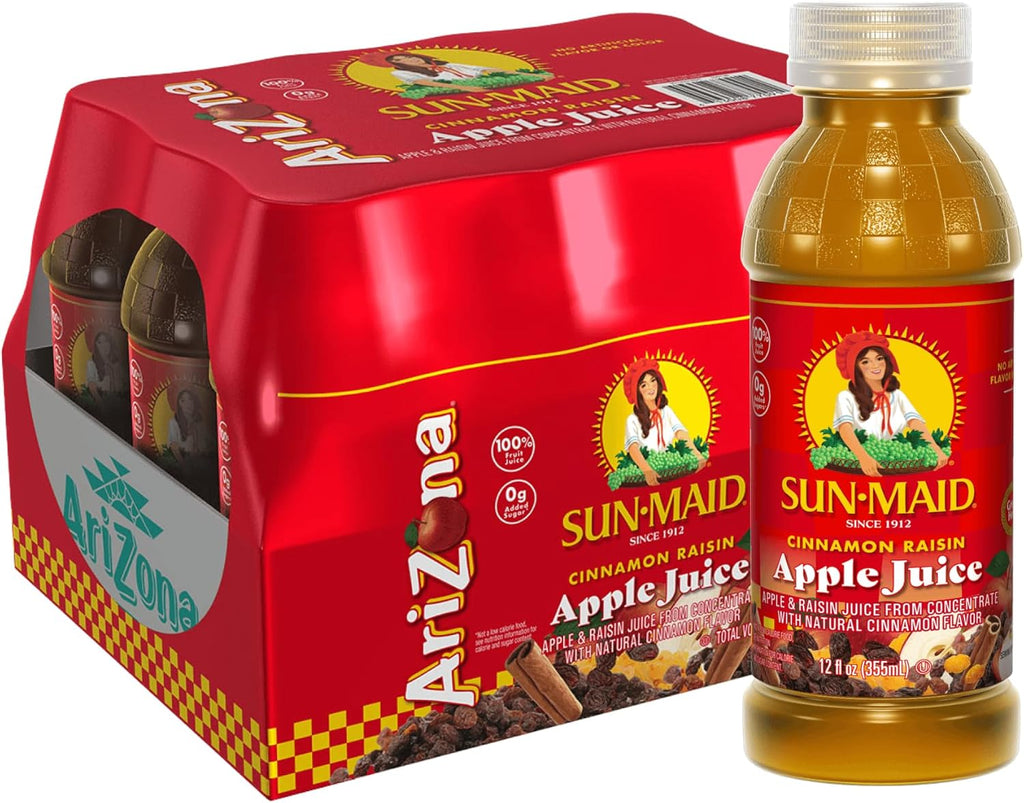 AriZona Cinnamon Raisin Apple Juice, Made with Sun-Maid Raisin Juice, 100% Fruit Juice and Natural Flavors with No Added Sugar - 12 Fl Oz (Pack of 12)