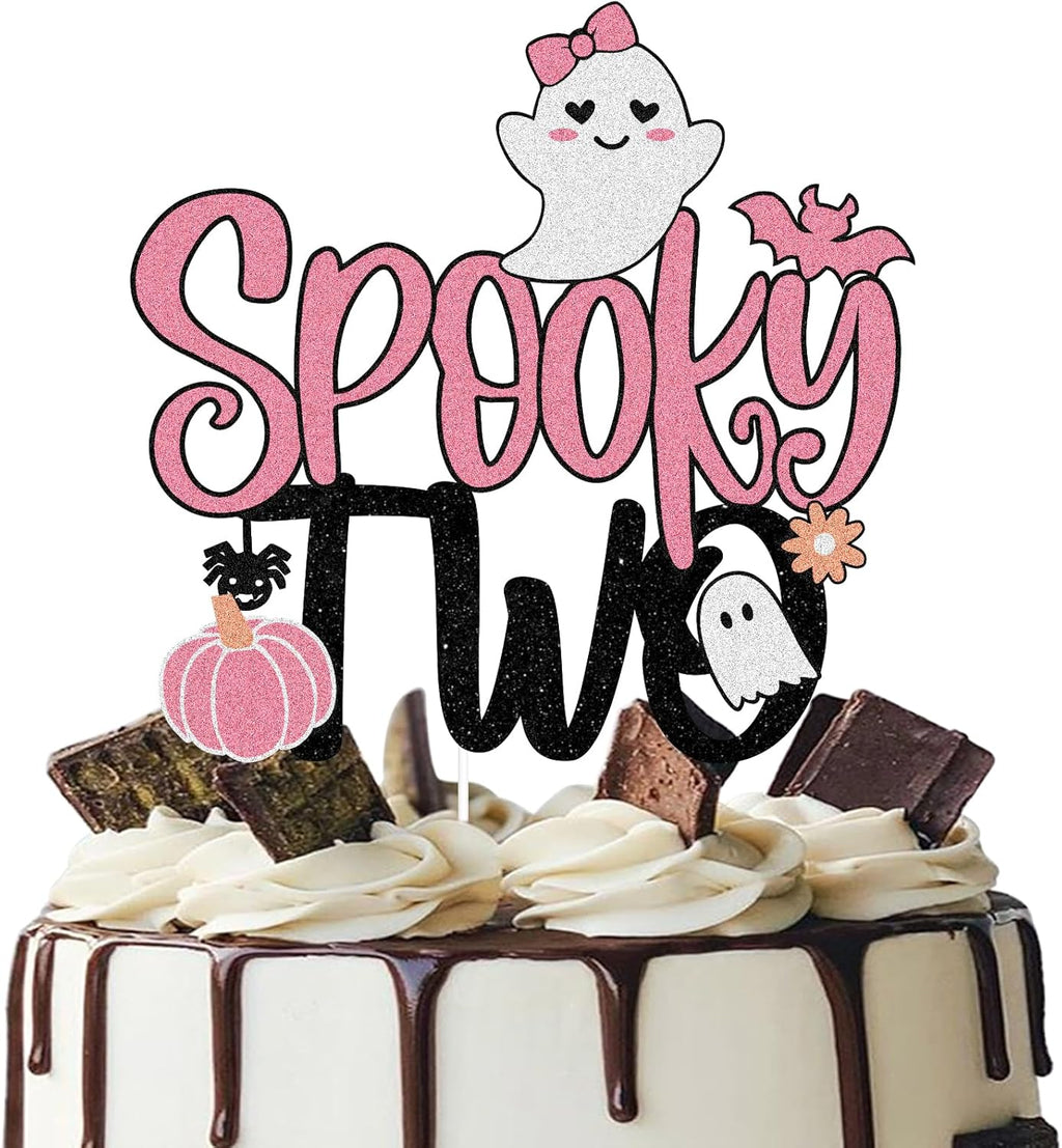 Spooky Two Halloween Happy 2nd Birthday Cake Topper - Boo I’m Two Spooky Ghost Pink Glitter Cake Topper - Happy 2nd Birthday Party For Girl's Halloween Party Decoration