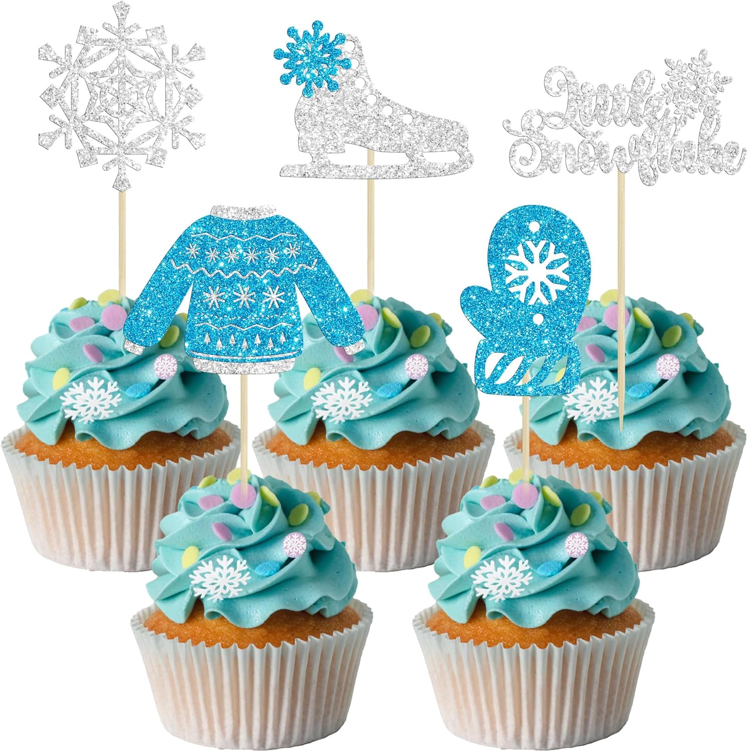 Gyufise 30Pcs Little Snowflake Cupcake Toppers Glitter Skate Shoe Gloves Sweater Cake Topper Decorations for Snowflake Theme Winter Wonderland Baby Shower Birthday Party Supplies Blue