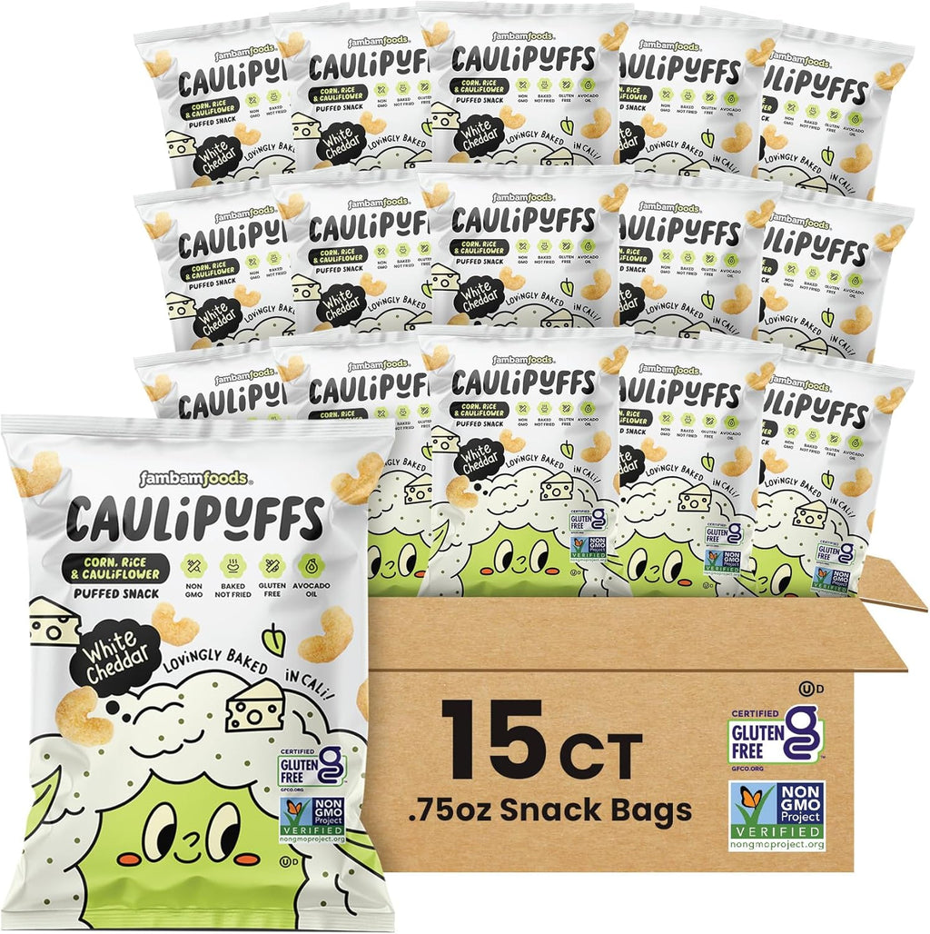 CauliPuffs - Corn, Rice, and Cauliflower Gluten Free Puffed Snack (15 x 0.75oz Bags, White Cheddar)