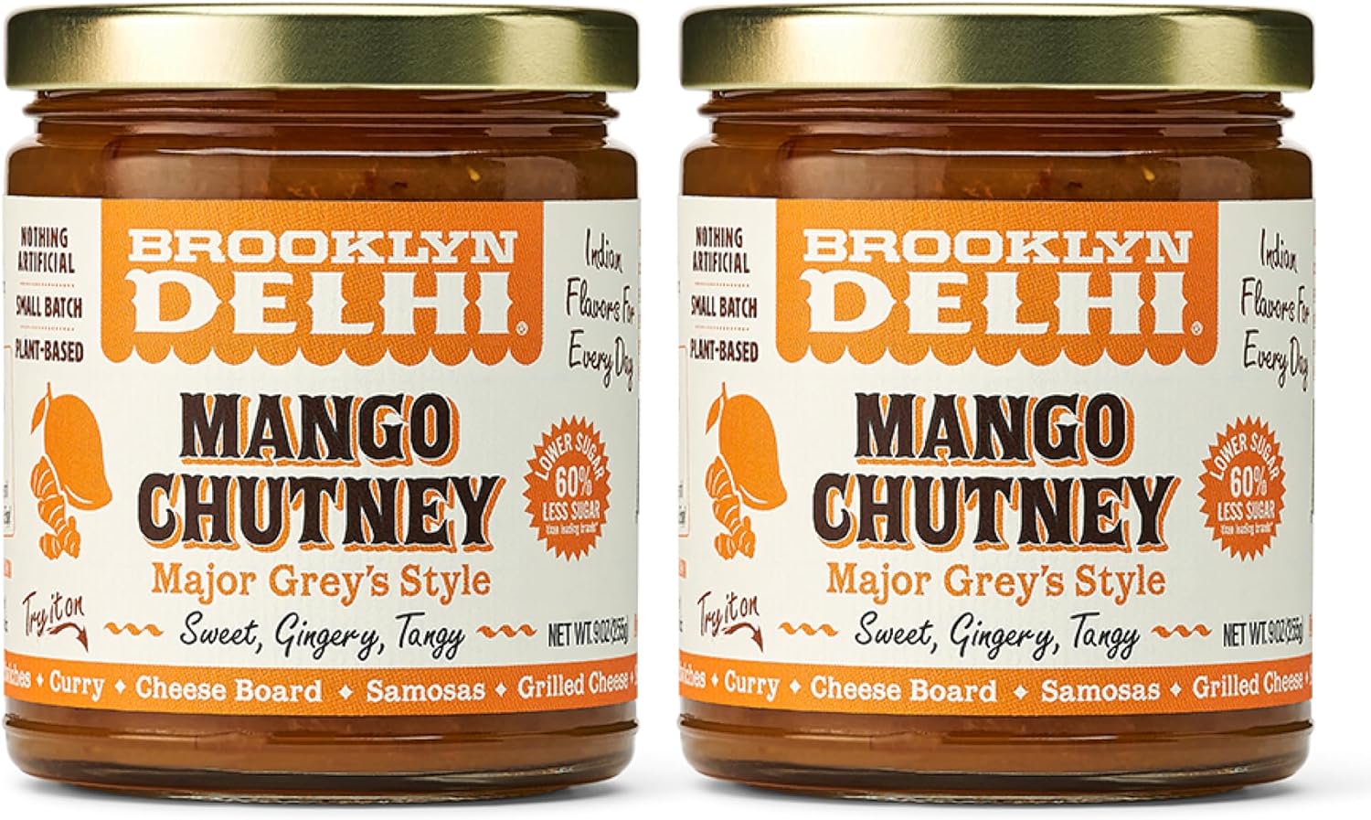 Brooklyn Delhi Mango Chutney - 9 Ounces - Made with Ripe Mangos, Golden Raisins, Fresh Ginger, Garam Masala, and Lemon Juice for a Nice Sour Note - Vegan - No Artificial Additives - Pack of 2