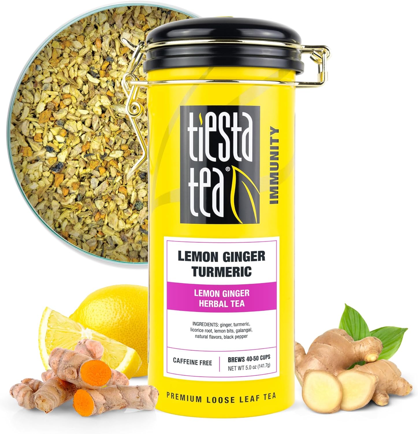 Tiesta Tea - Lemon Ginger Turmeric, Loose Leaf, Lemon Ginger Herbal Tea, Premium Blend, Non Caffeinated Herbal, Make Hot or Iced & Brews Up to 50 Cups, 5 Ounce Refillable Tin