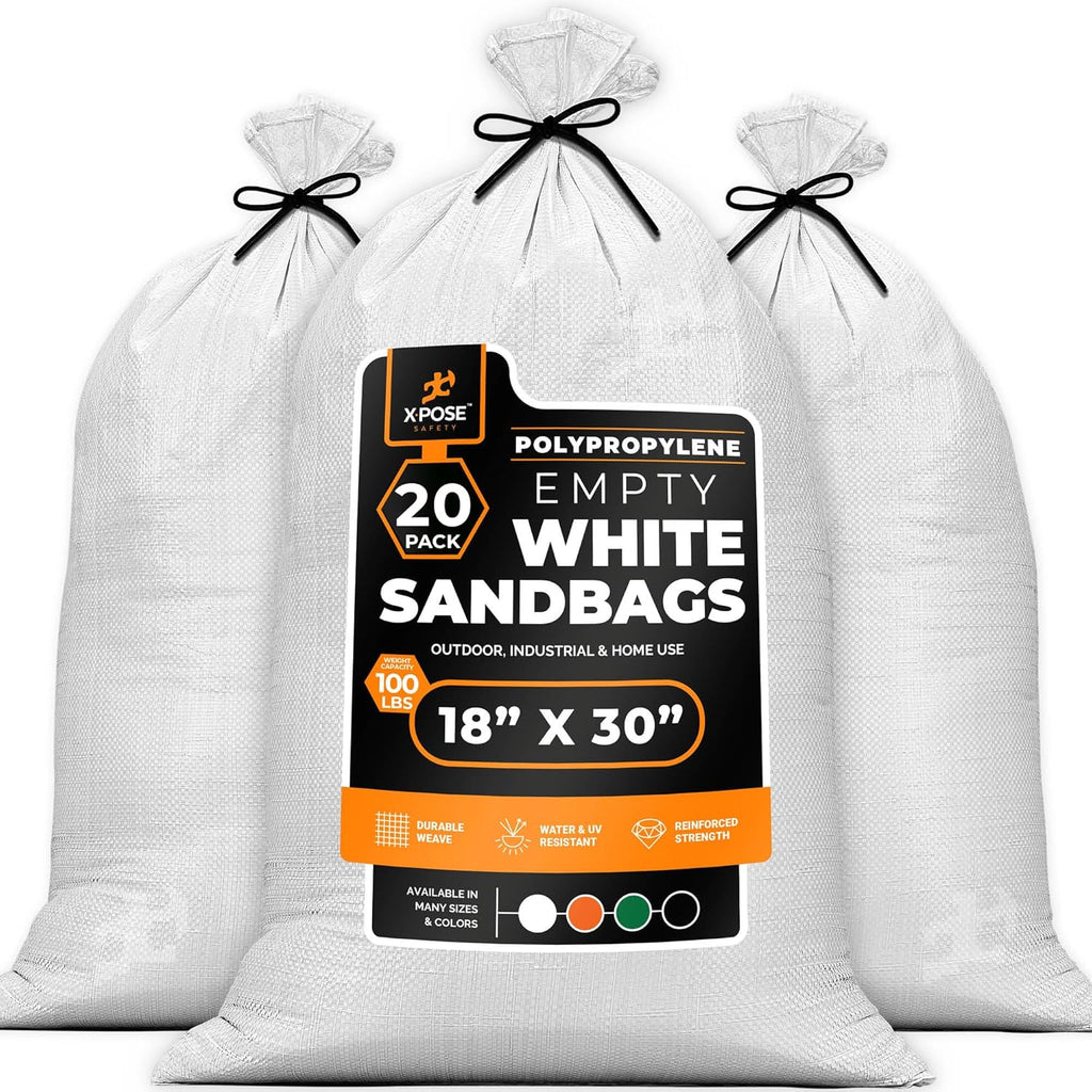 Xpose Safety Heavy Duty Sand Bags with Tie Strings – Empty Woven Polypropylene Sandbags for Hurricane Flood Protection, 100 lb Capacity, 18" x 30", White, Pack of 20