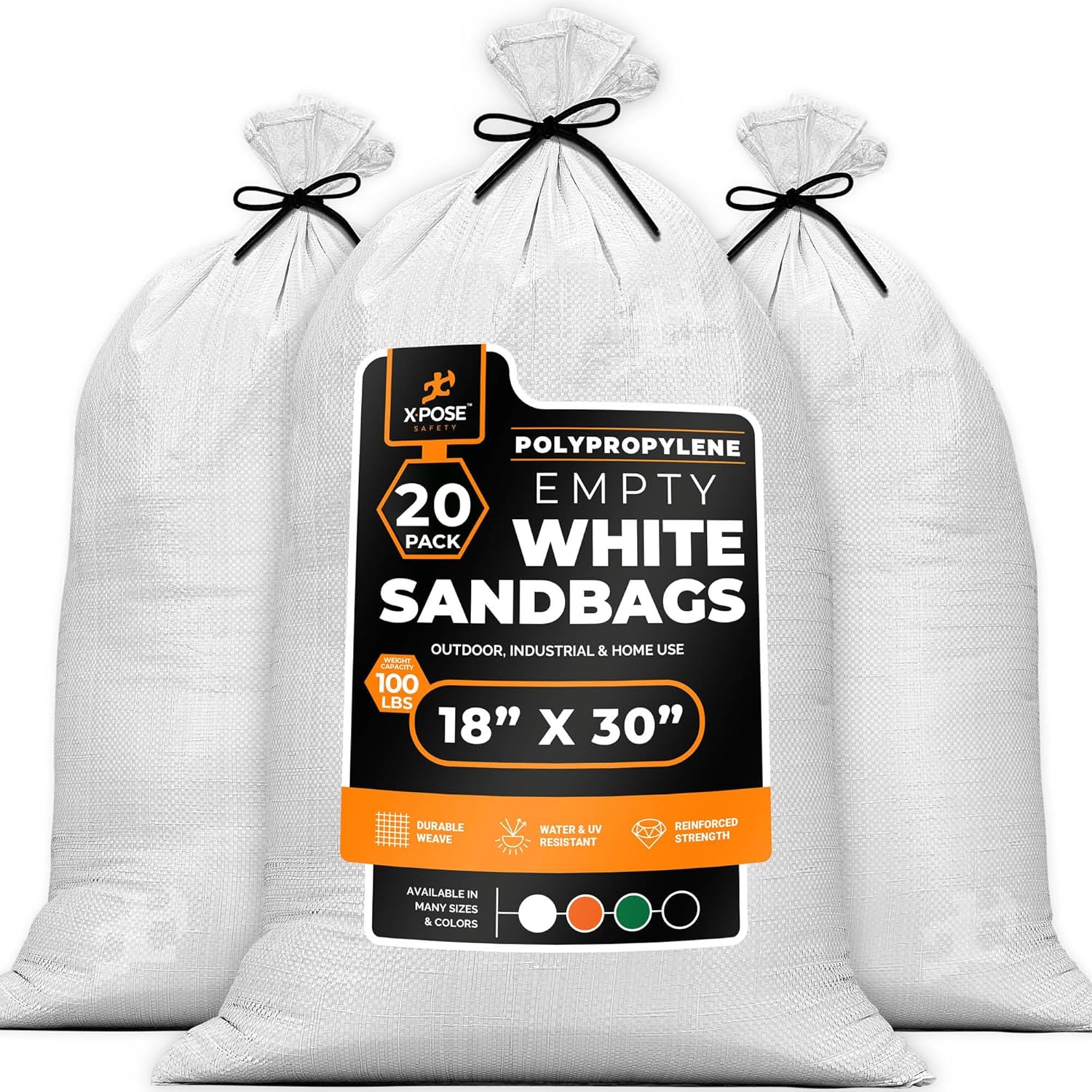Xpose Safety Heavy Duty Sand Bags with Tie Strings – Empty Woven Polypropylene Sandbags for Hurricane Flood Protection, 100 lb Capacity, 18" x 30", White, Pack of 20