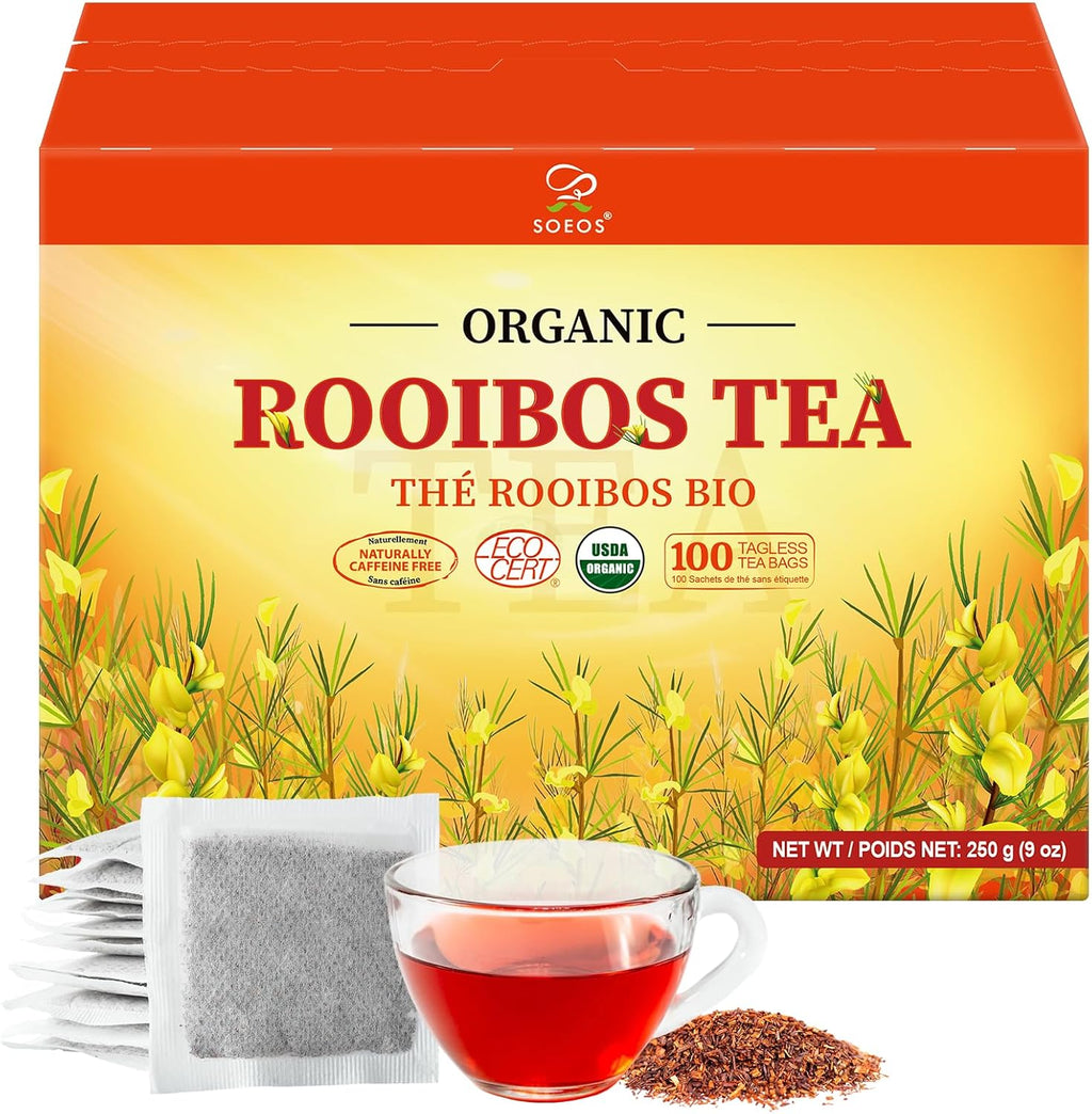 Soeos Organic Rooibos Tea, 100 Count (Pack of 1), Naturally Sweet Herbal Tea, Caffeine Free, USDA Organic, Red Rooibos Tea Bags, Farmed in South Africa 9oz (250g)