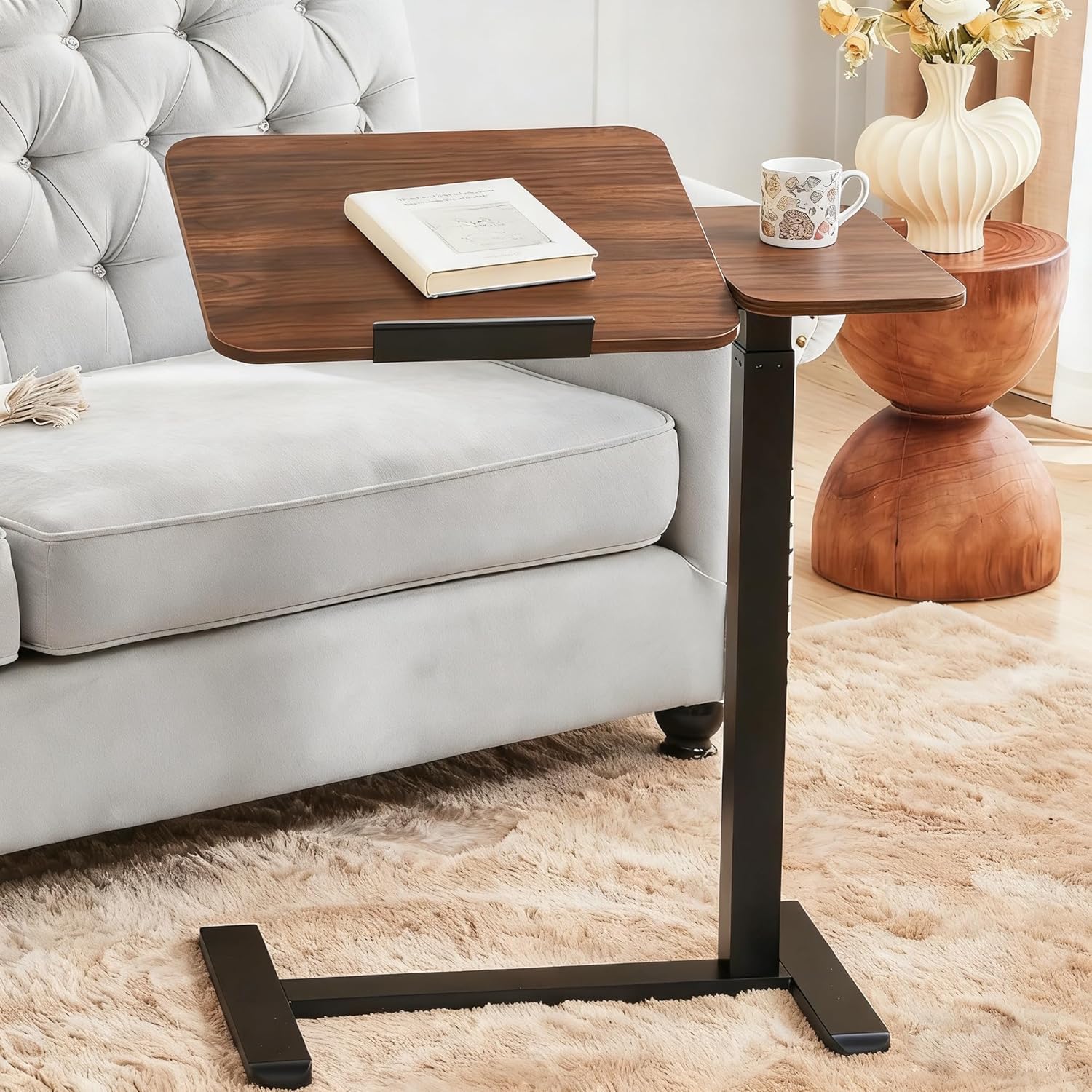 Overbed Bedside Table Tilt with Wheels, Medical Adjustable Height Hospital Bed Table,Standing Mobil Laptop Desk with Wheels Hospital Home Office (Tilt, Walnut Brown, 28" W x 16" D)