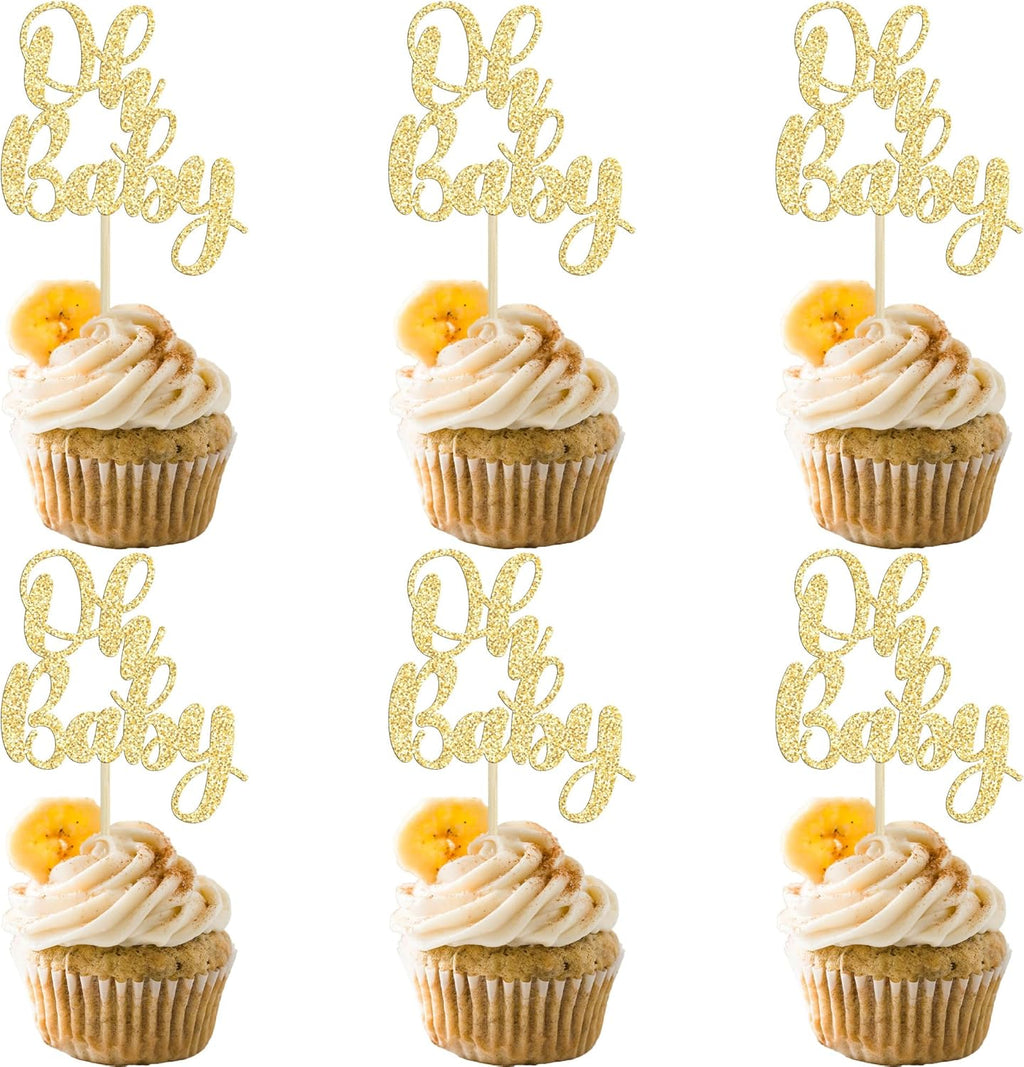 Gyufise 36 Pack Oh Baby Cupcake Toppers Glitter Baby Shower Cupcake Picks Decorations for Celebrating Baby Shower Kids Birthday Party Supplies Gold