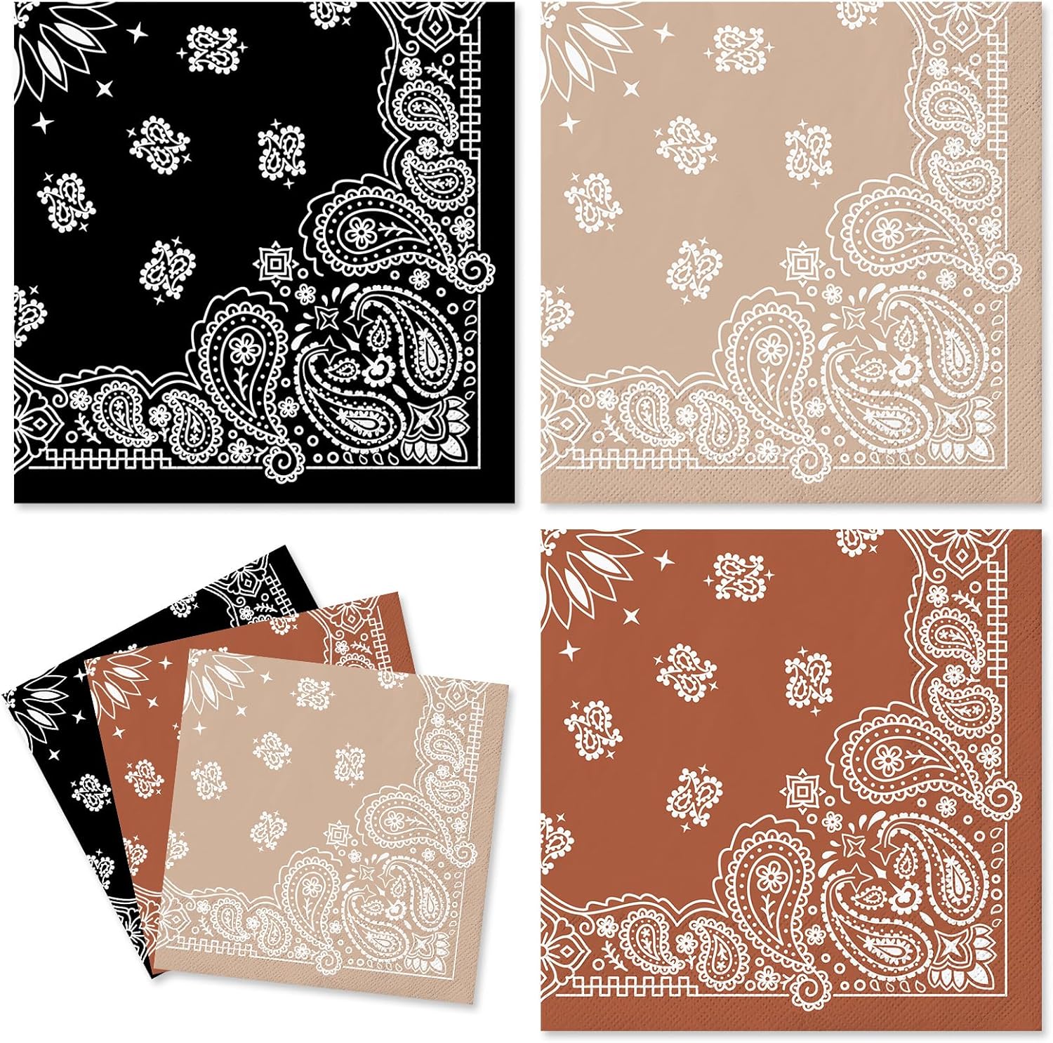 Whaline 120Pcs Western Bandana Cocktail Napkins 3 Colors Wild West Paper Napkin Cowboy Paisley Disposable Beverage Napkin for Wild One Yeehaw Bday