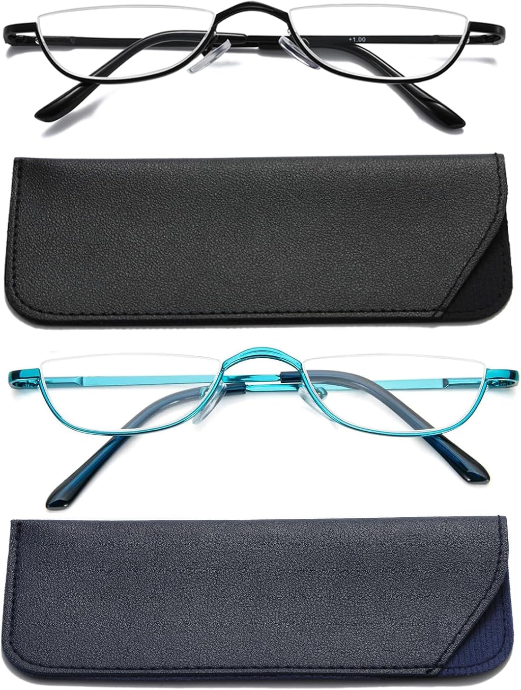 Viseng Half Frame Reading Glasses for Women Men Slim Half Moon Lens Readers Metal Semi Rimless eyewear Blue+Black+3.0
