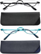Viseng Half Frame Reading Glasses for Women Men Slim Half Moon Lens Readers Metal Semi Rimless eyewear Blue+Black+3.0