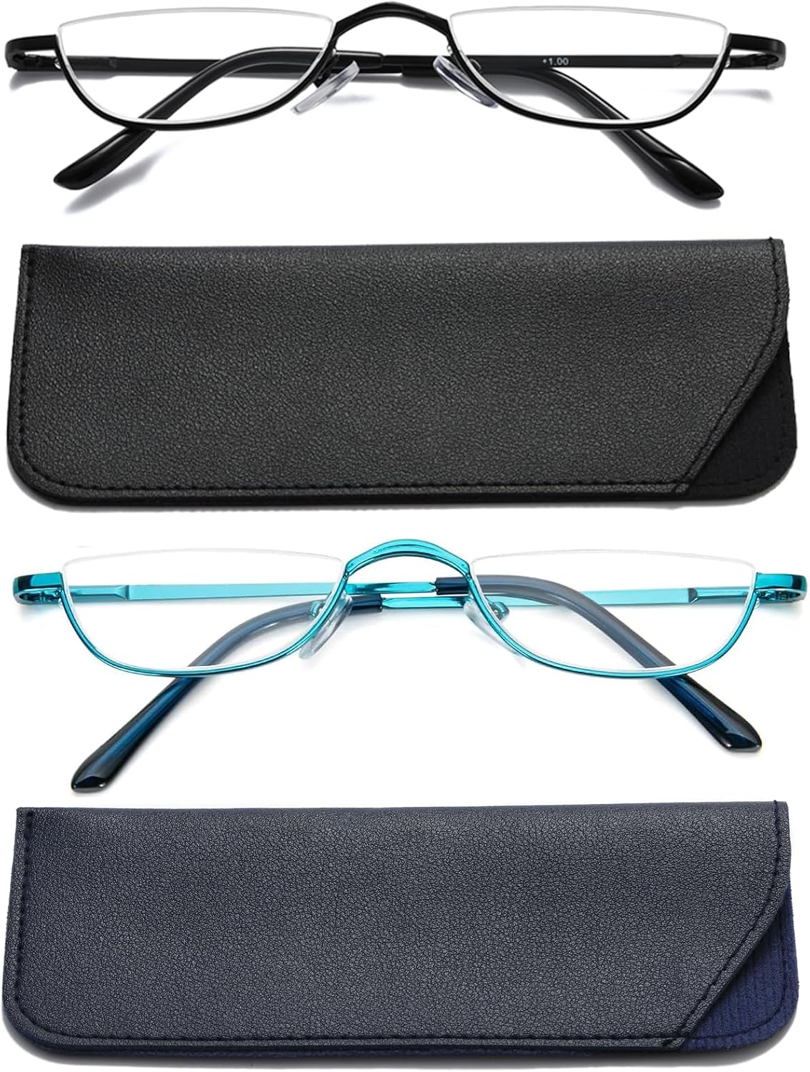 Viseng Half Frame Reading Glasses for Women Men Slim Half Moon Lens Readers Metal Semi Rimless eyewear Blue+Black+3.0