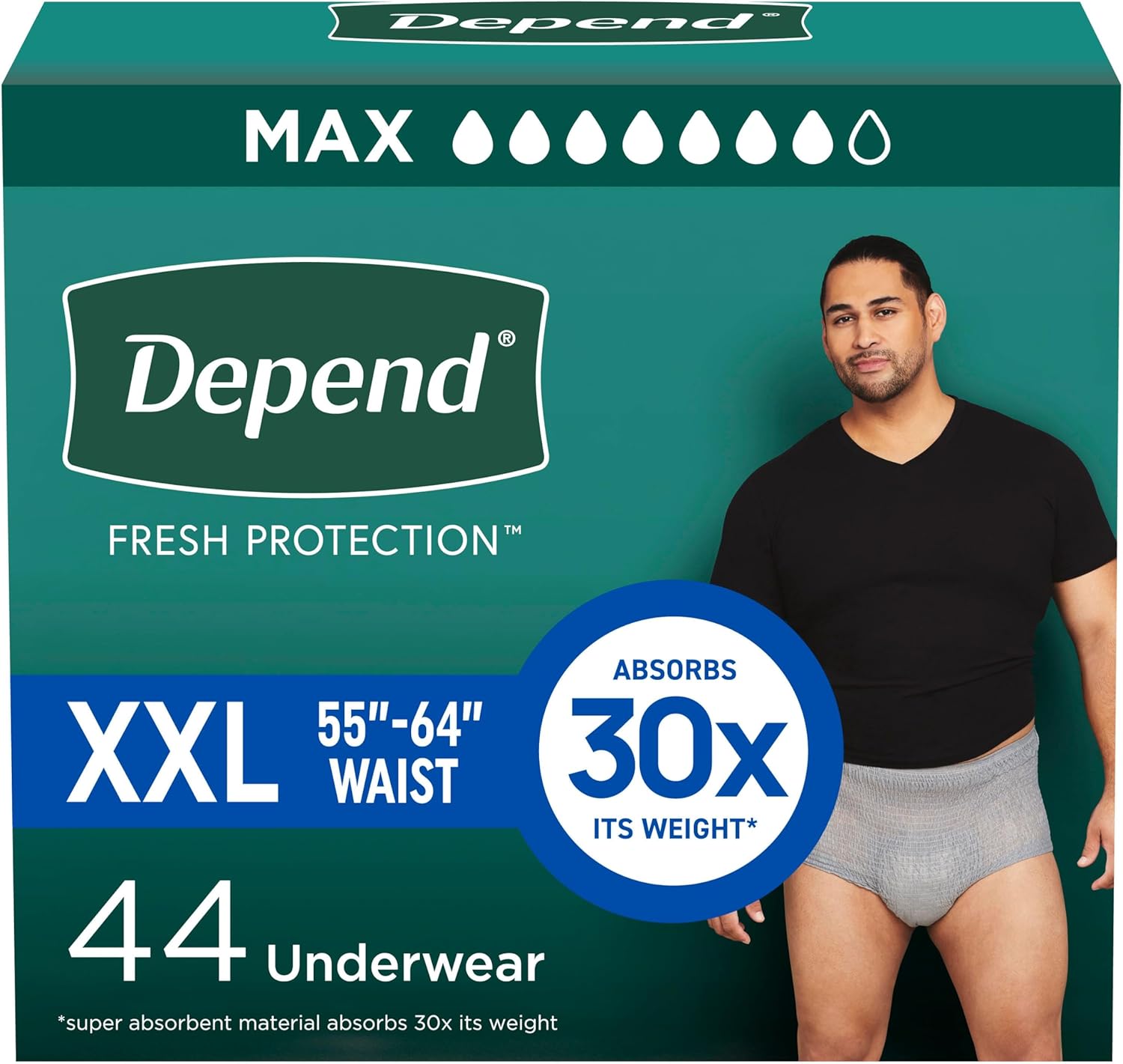 Depend Fresh Protection Adult Diapers, Incontinence Underwear for Men, Disposable, Maximum, Extra-Extra-Large, Grey, 44 Count (2 Packs of 22), Packaging May Vary